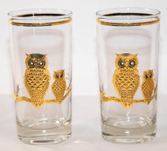 Culver Ltd Highball Cocktail Glasses with 22K Gold Owls Hollywood Regency 1950s