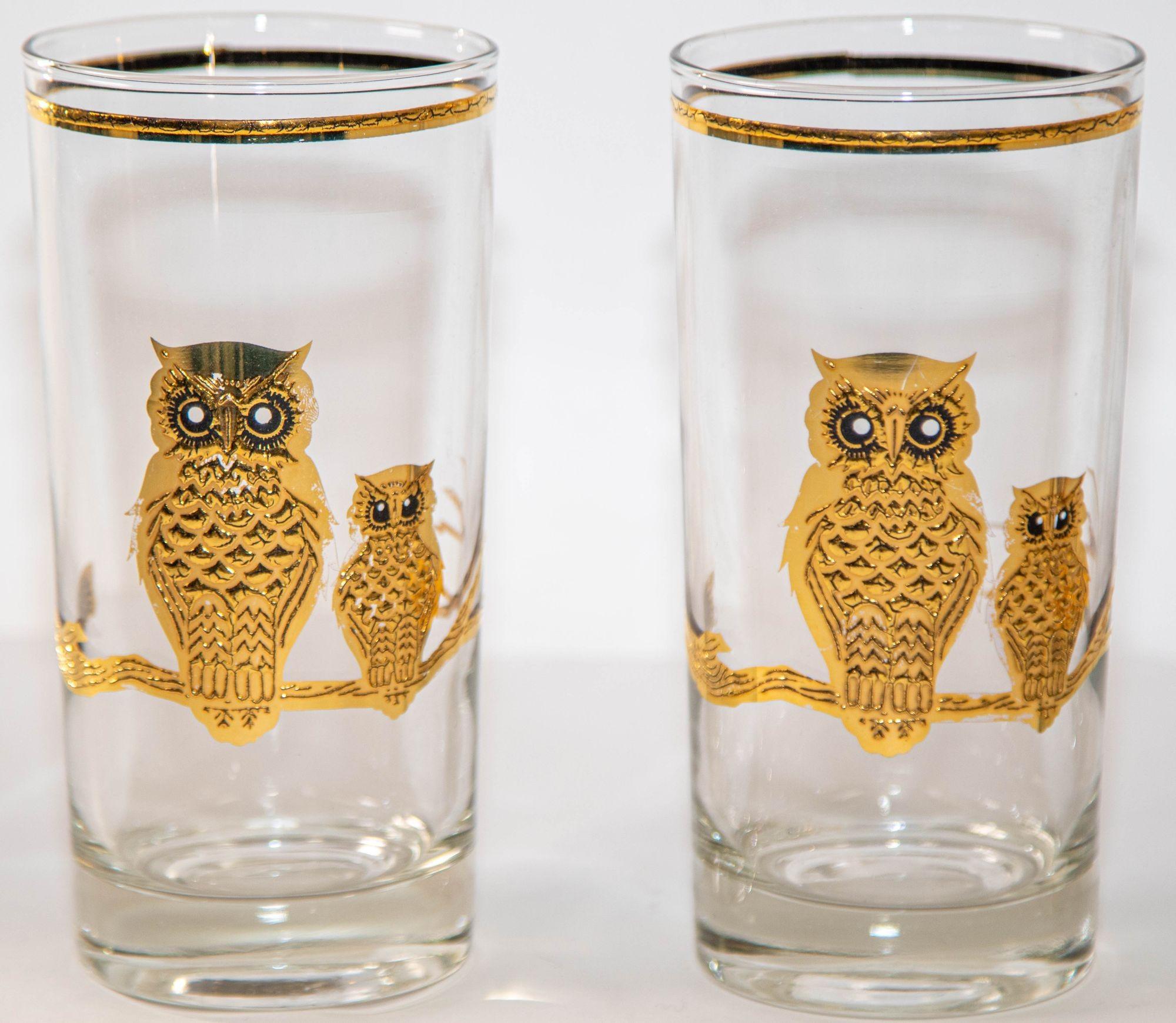 Culver Ltd Highball-Cocktailgläser mit 22K Gold Eulen Hollywood Regency 1950er Jahre im Zustand „Gut“ im Angebot in North Hollywood, CA