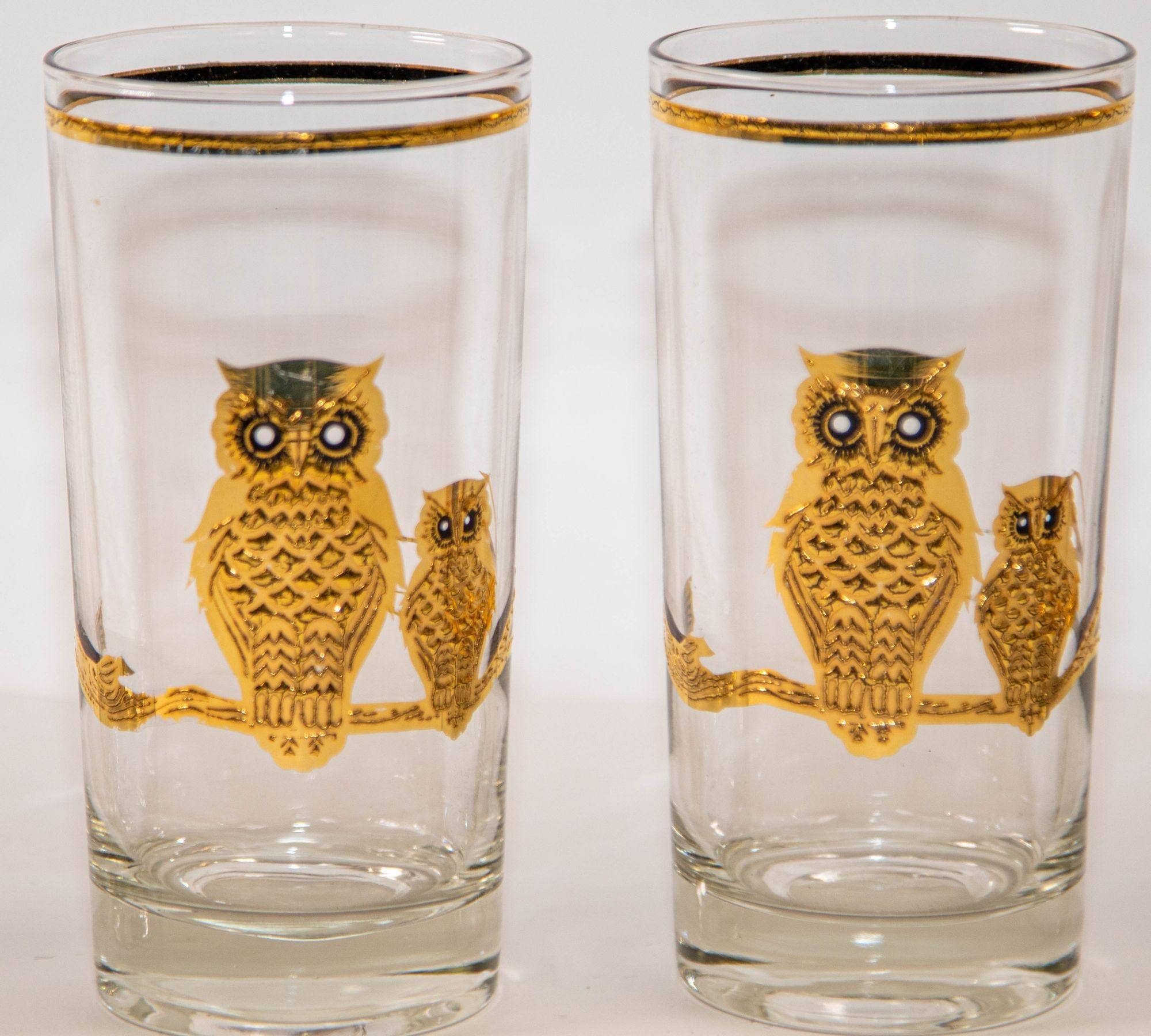Mid-Century Modern 1950's Vintage Culver Ltd Highball Drinking Glasses with 22K Gold Owls Set of 6 For Sale
