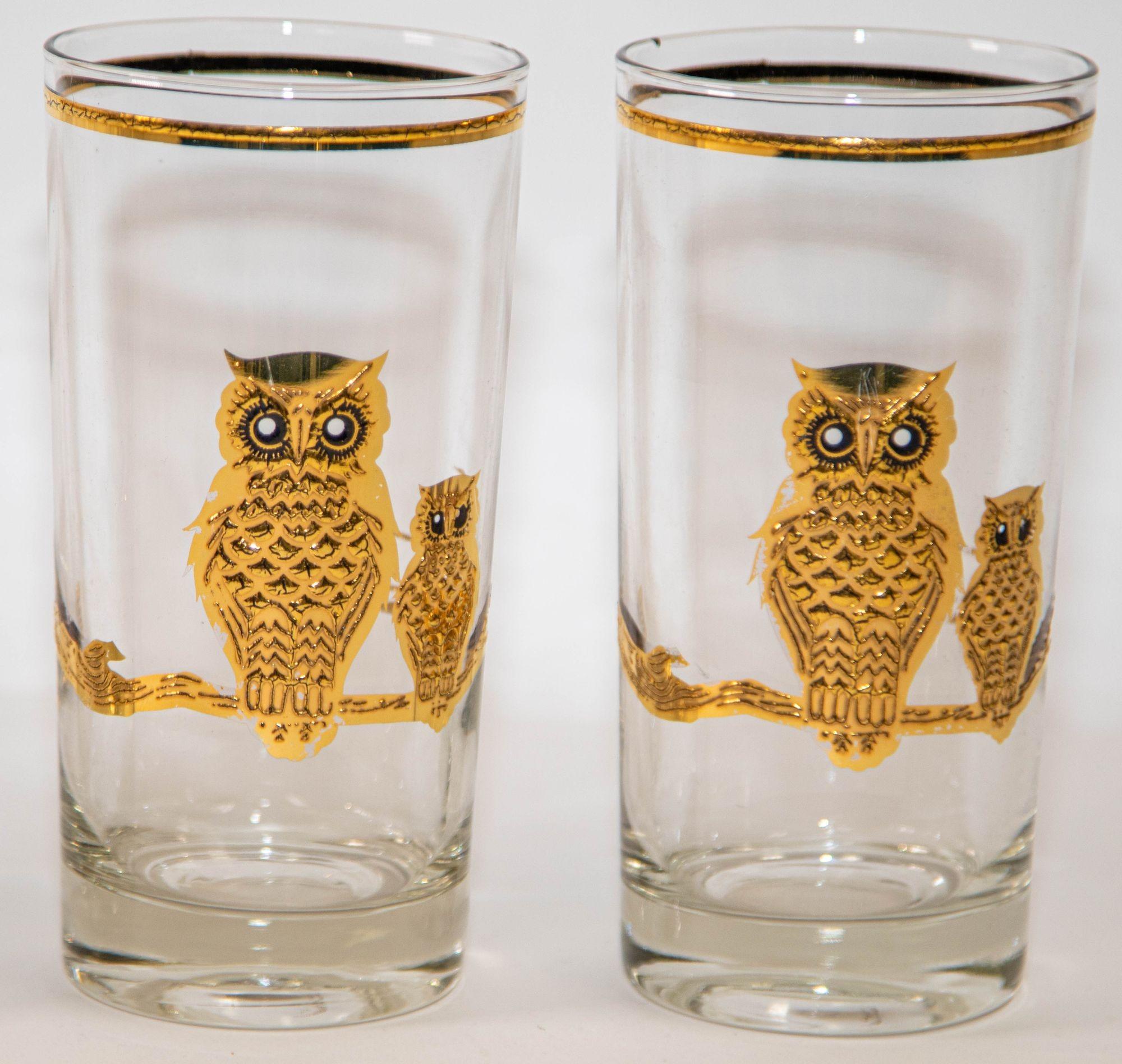 American 1950's Vintage Culver Ltd Highball Drinking Glasses with 22K Gold Owls Set of 6 For Sale