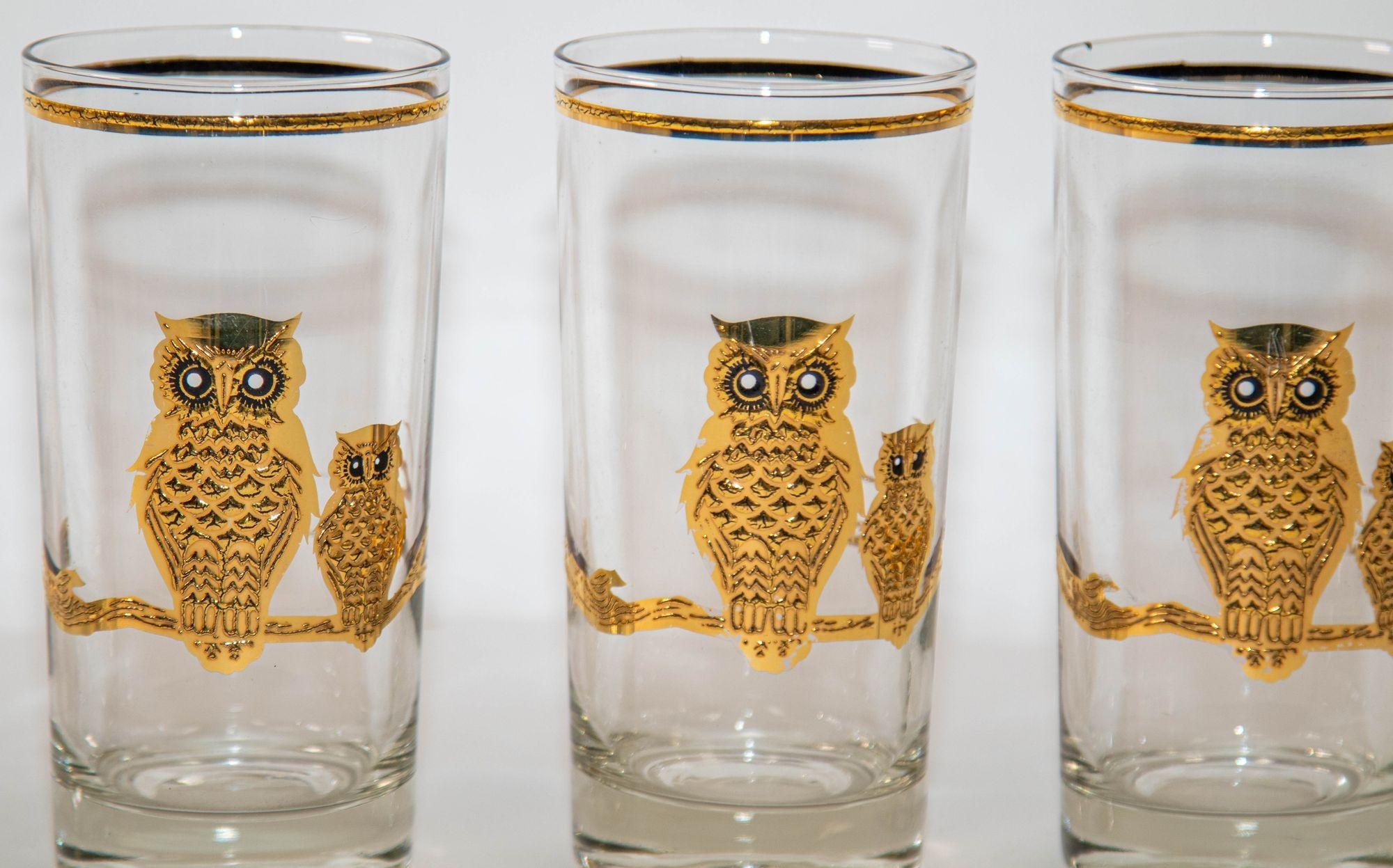 1950's Vintage Culver Ltd Highball Drinking Glasses with 22K Gold Owls Set of 6 In Good Condition For Sale In North Hollywood, CA