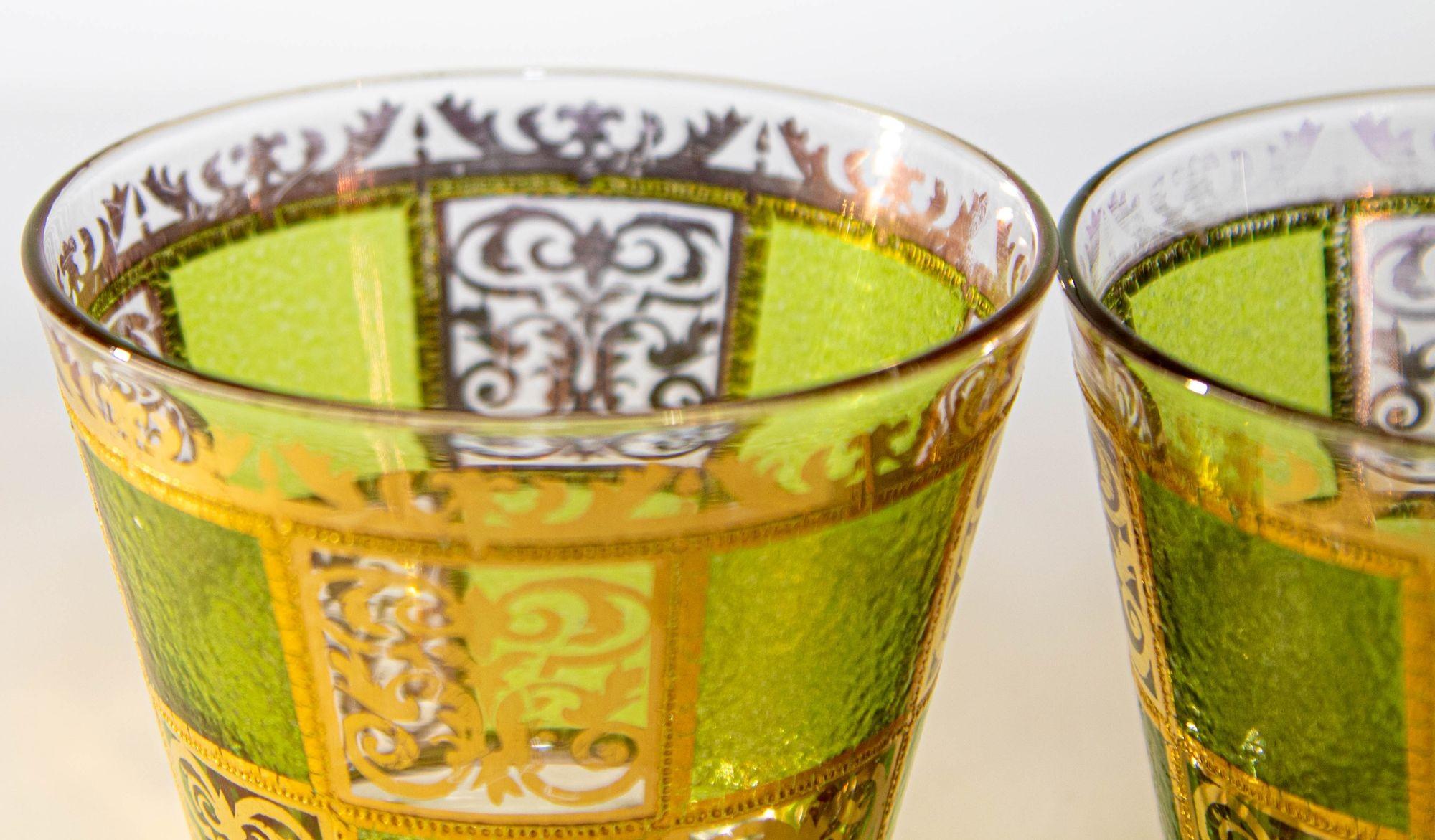 Vintage Culver Prado Rock Green and Gold Barware Glasses Set of 2 3
