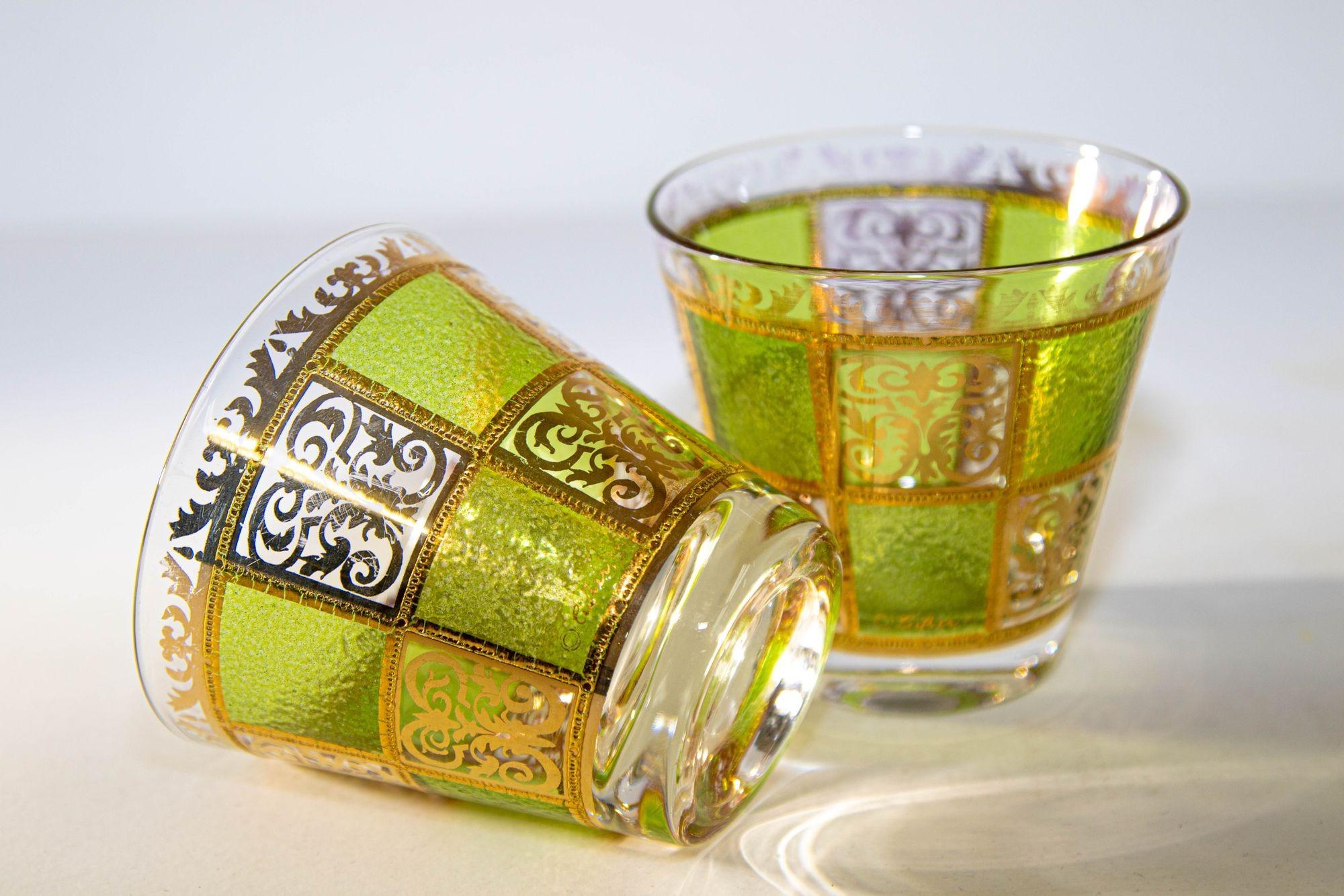 Hollywood Regency Vintage Culver Prado Rock Green and Gold Barware Glasses Set of 2