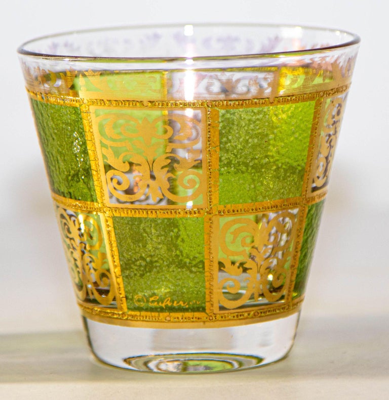 Vintage Culver Prado Rock Green and Gold Barware Glasses Set of 2 For