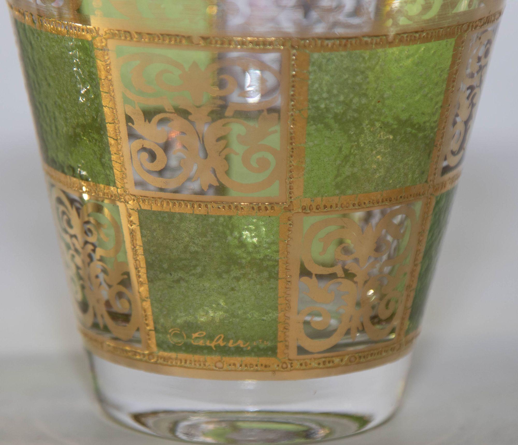 20th Century Vintage Culver Prado Rock Green and Gold Barware Glasses Set of 2