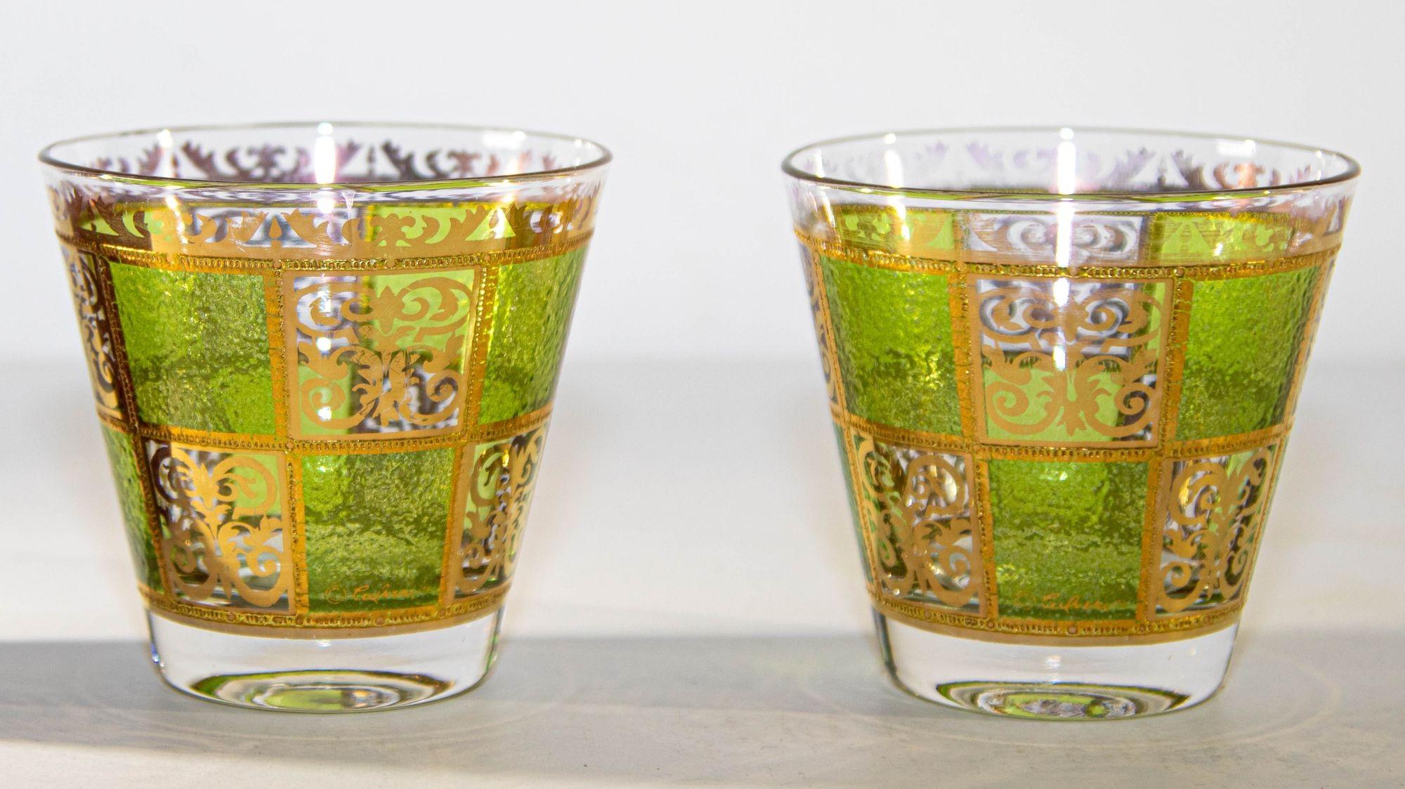 Vintage Culver Prado Rock Green and Gold Barware Glasses Set of 2 1