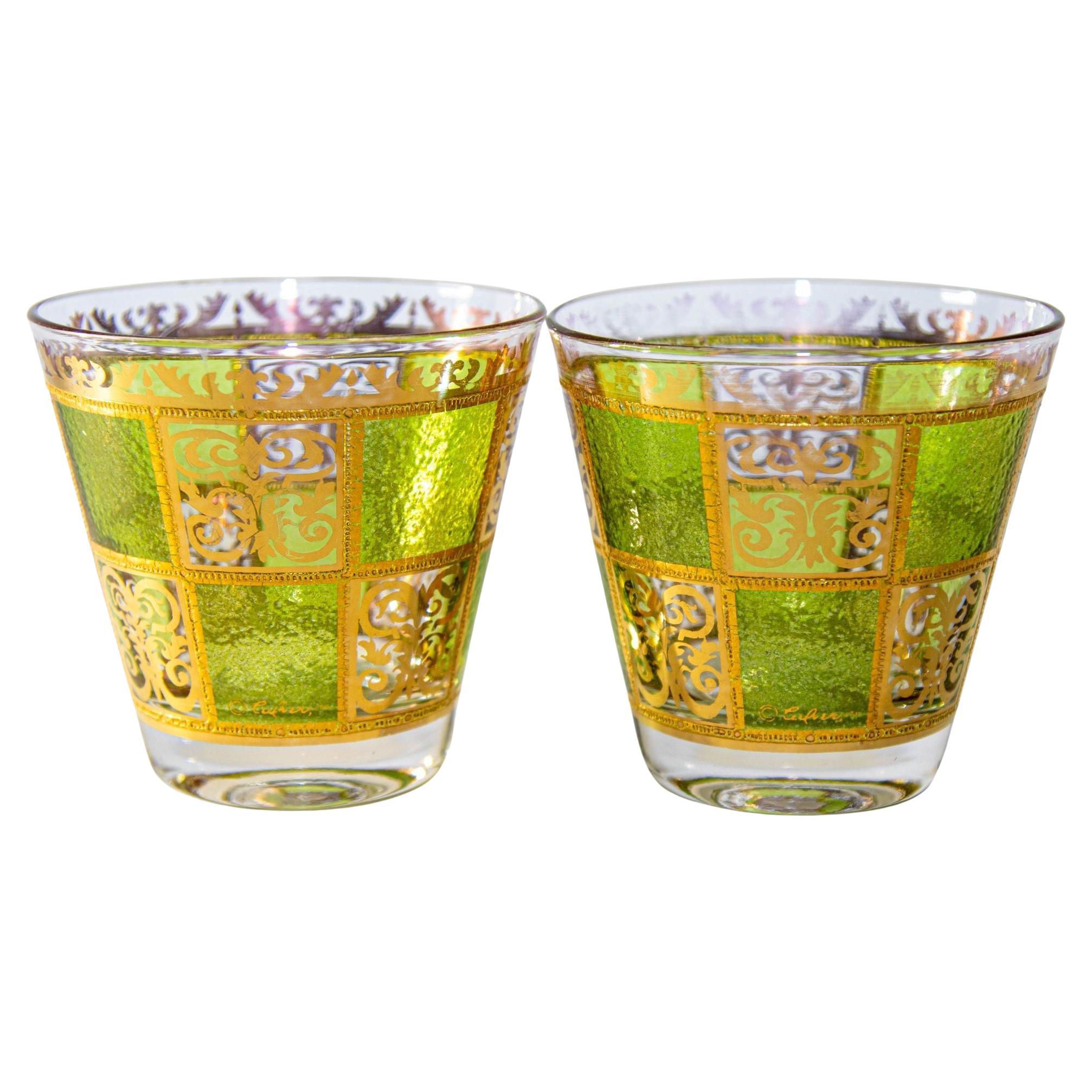 Vintage Culver Prado Rock Green and Gold Barware Glasses Set of 2