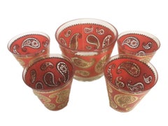 Vintage Culver Red Paisley Ice Bowl and Four Double Old Fashioned Glasses