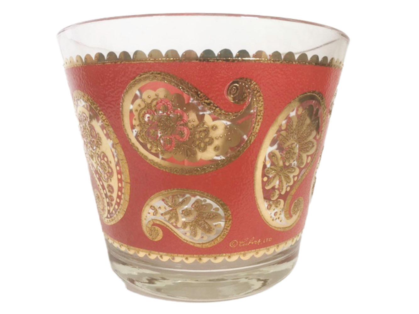 Mid-Century Modern Vintage Culver Red Paisley Ice Bowl and Four Double Old Fashioned Glasses