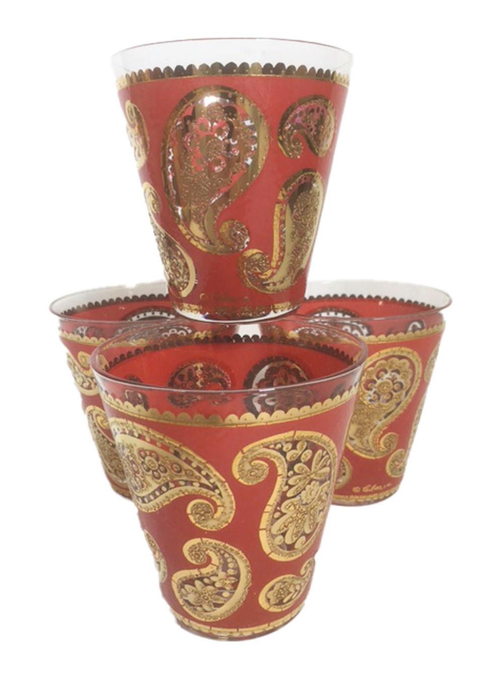 American Vintage Culver Red Paisley Ice Bowl and Four Double Old Fashioned Glasses