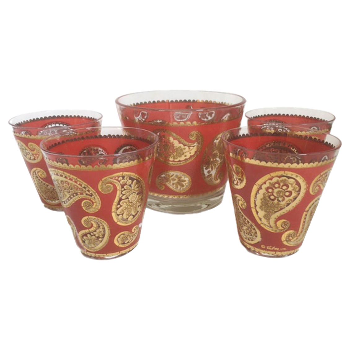 Vintage Culver Red Paisley Ice Bowl and Four Double Old Fashioned Glasses