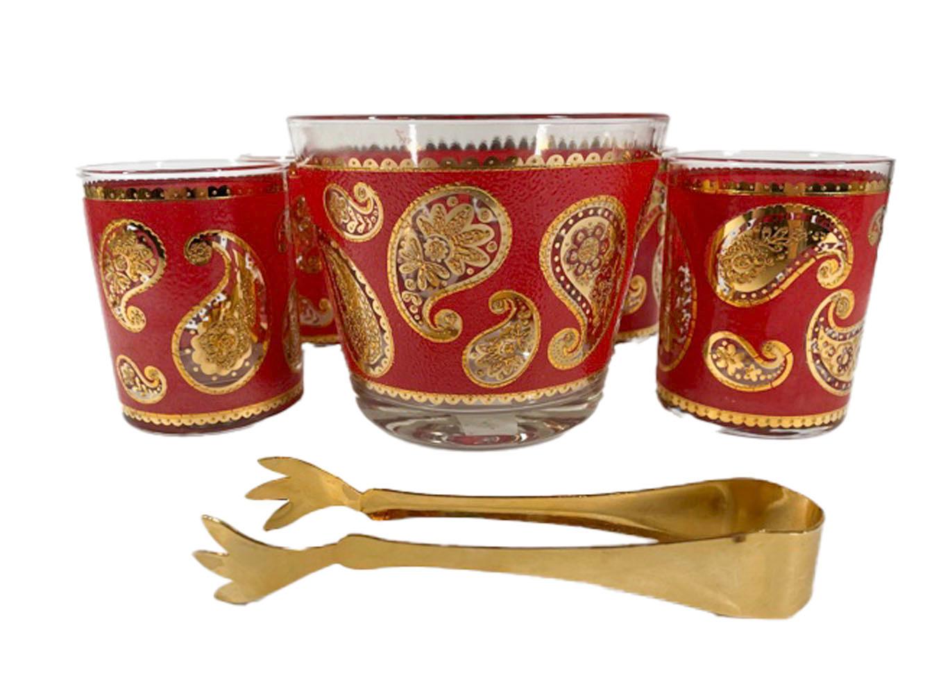 Mid-Century Modern Vintage Culver Red Paisley Ice Bowl & Rocks Glasses in Cart-Form Caddy