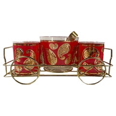 Vintage Culver Red Paisley Ice Bowl & Rocks Glasses in Cart-Form Caddy