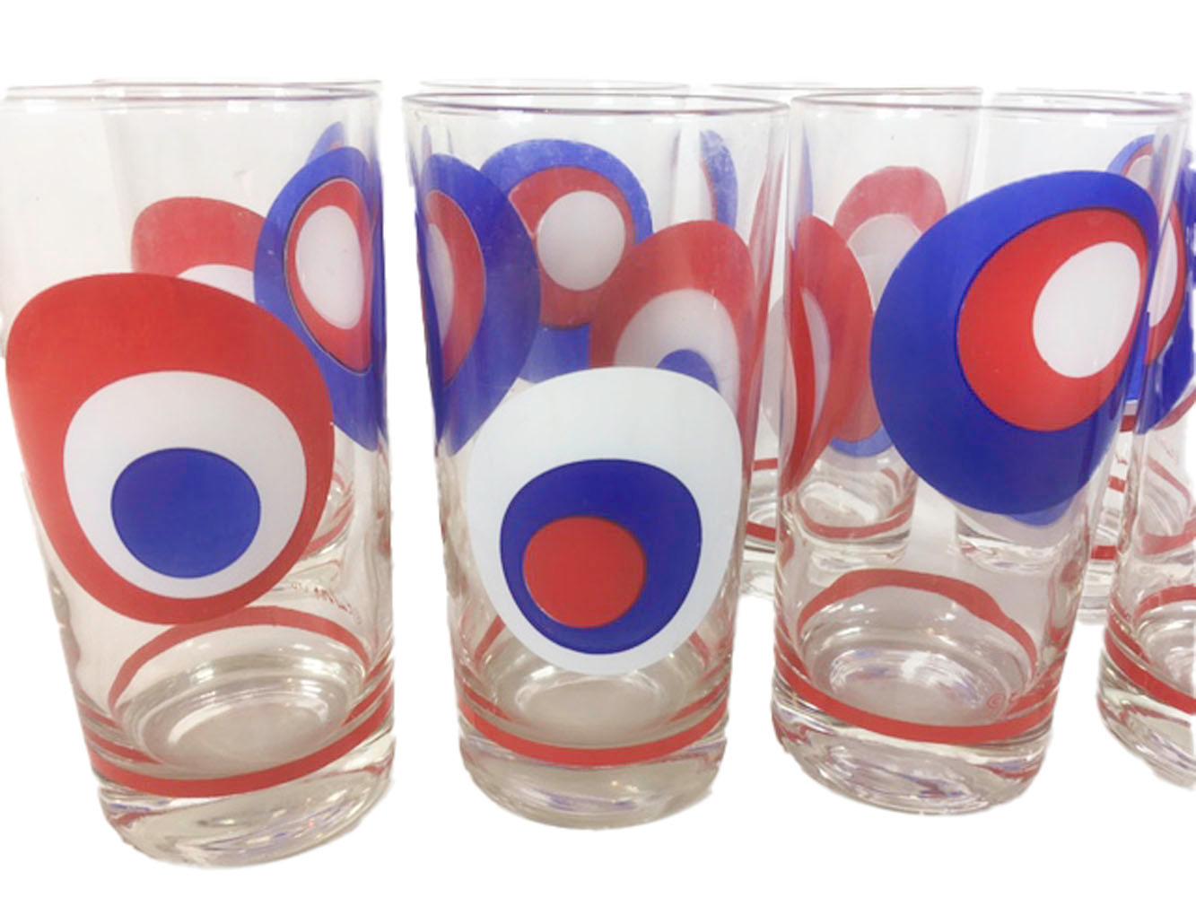 Vintage Culver, Red, White and Blue, Op-Art Barware Set, 8 Highball, 8 Rocks In Good Condition In Nantucket, MA