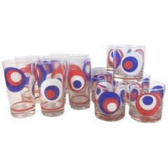 Vintage Culver, Red, White and Blue, Op-Art Barware Set, 8 Highball, 8 Rocks