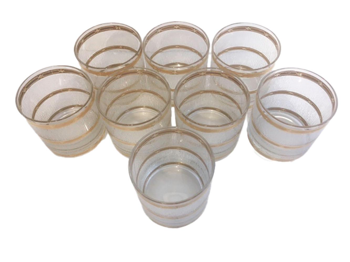 Mid-Century Modern Culver Barware - vintage rocks / lowball glasses with translucent textured icicle surface divided by embossed 22k gold bands, top, bottom and center.