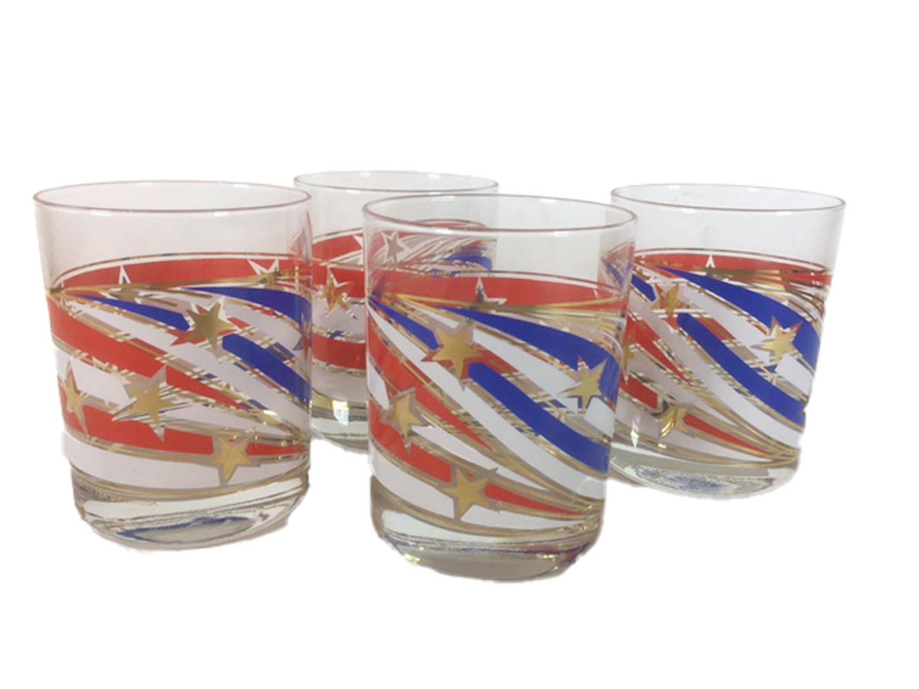 Mid-Century Modern Vintage Culver Rocks Glasses, Stars & Stripes, Red, White & Blue with Gold Stars For Sale