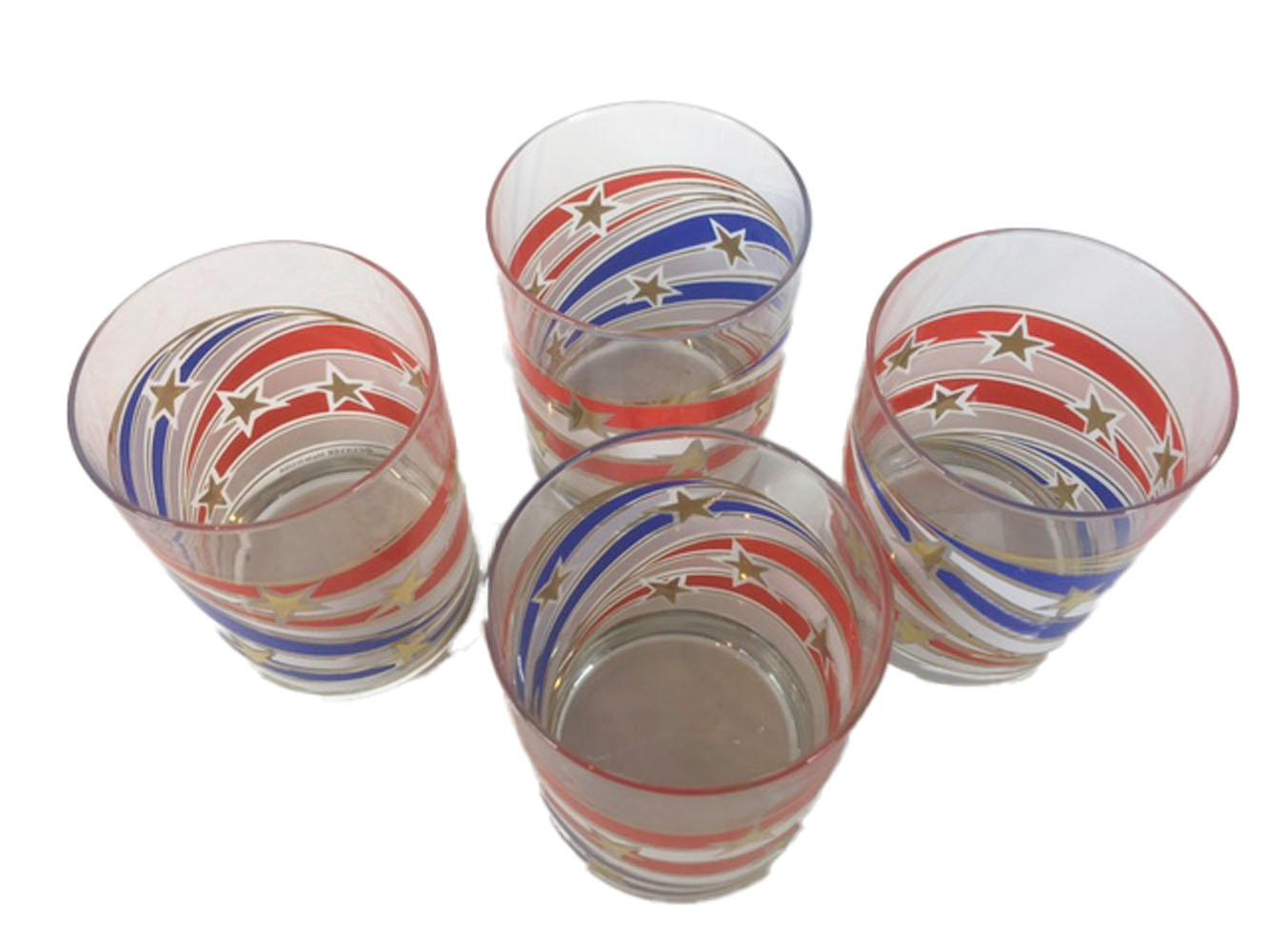 Enameled Vintage Culver Rocks Glasses, Stars & Stripes, Red, White & Blue with Gold Stars For Sale