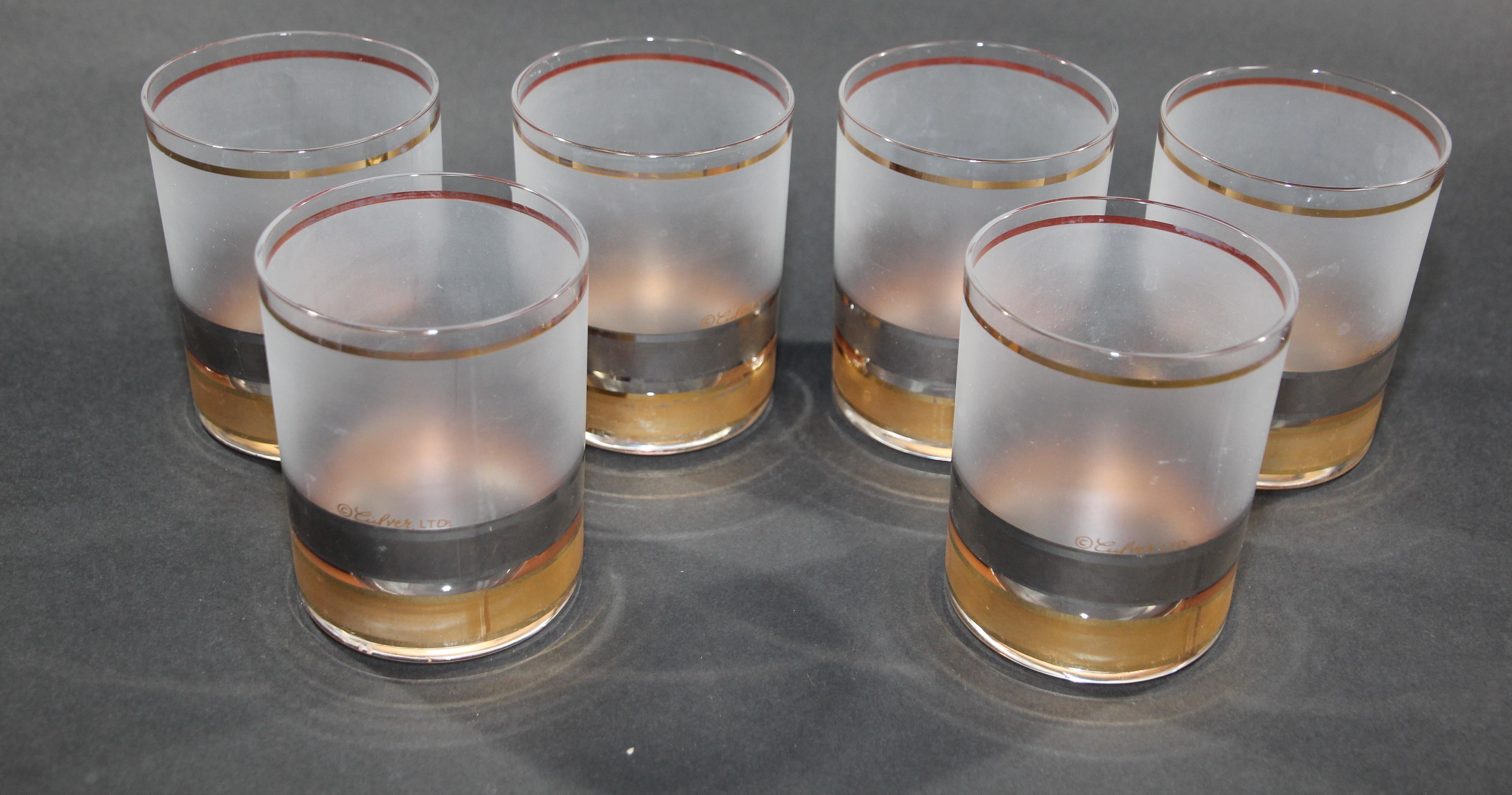 Vintage Culver Set of Six Rock Glasses Frosted Gold and Black Regency Pattern For Sale 2