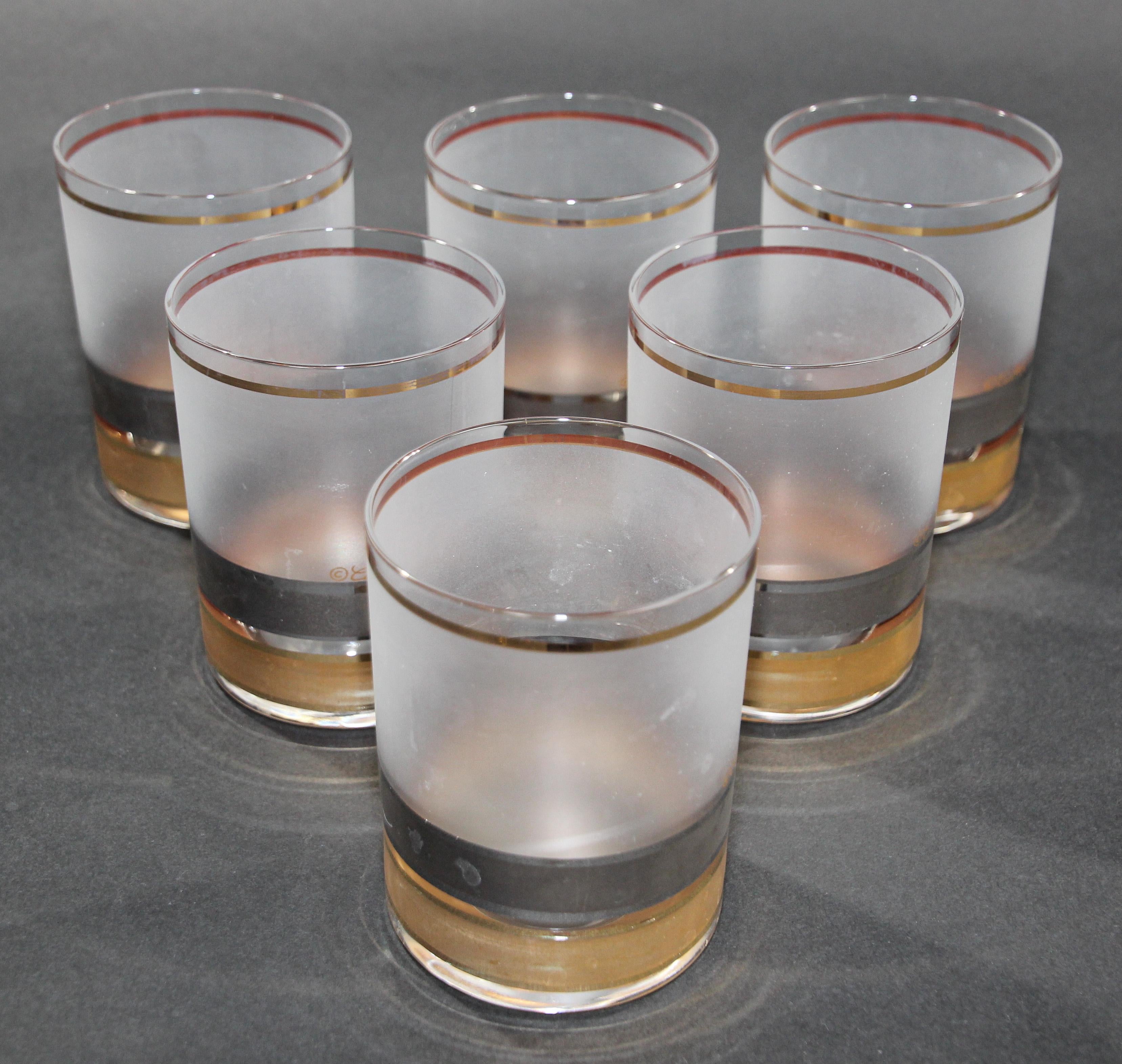 Mid-Century Modern Ensemble de six verres à roche vintage à motif Regency en or dépoli et noir en vente