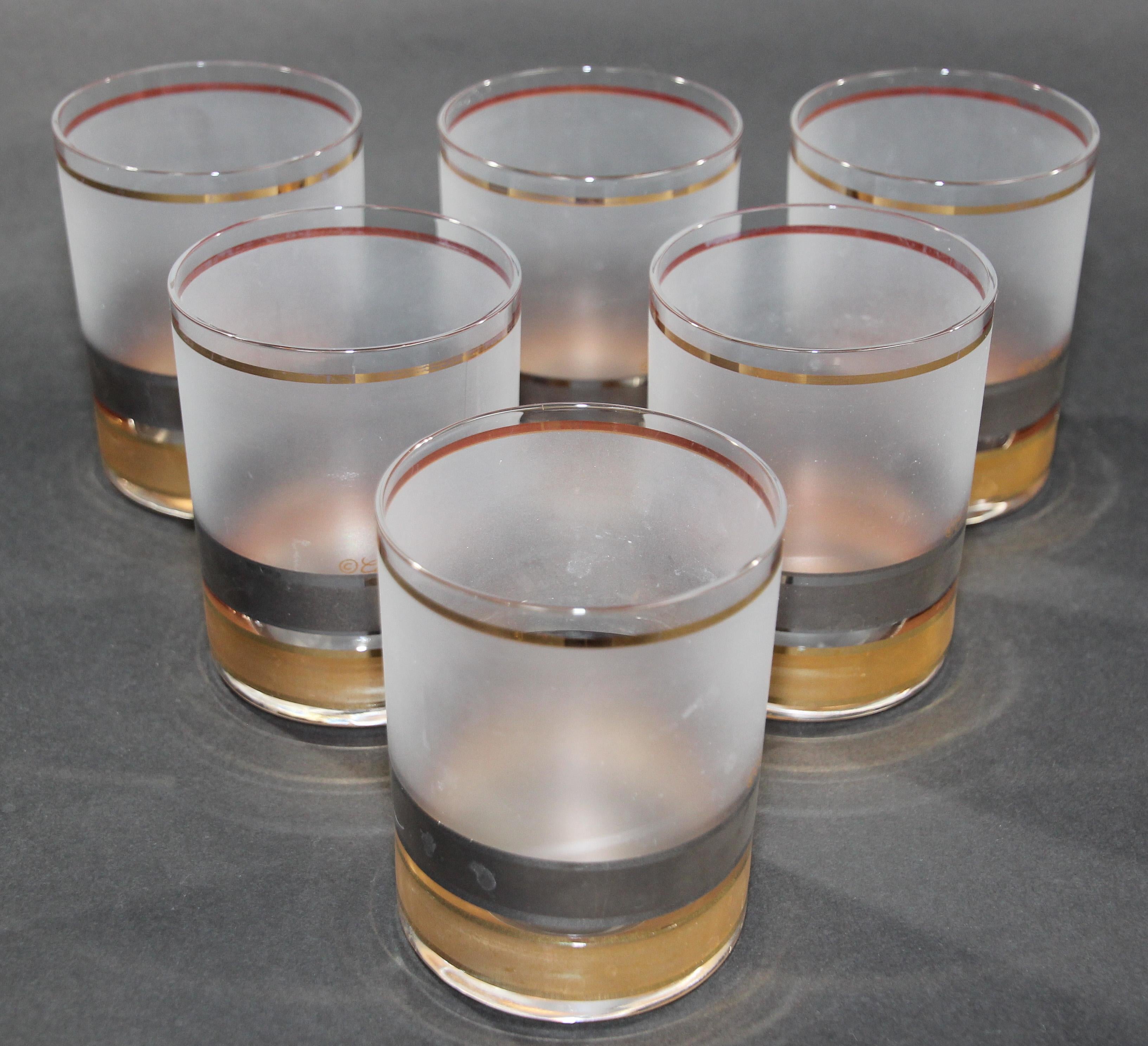 Mid-Century Modern Vintage Culver Set of Six Rock Glasses Frosted Gold and Black Regency Pattern For Sale