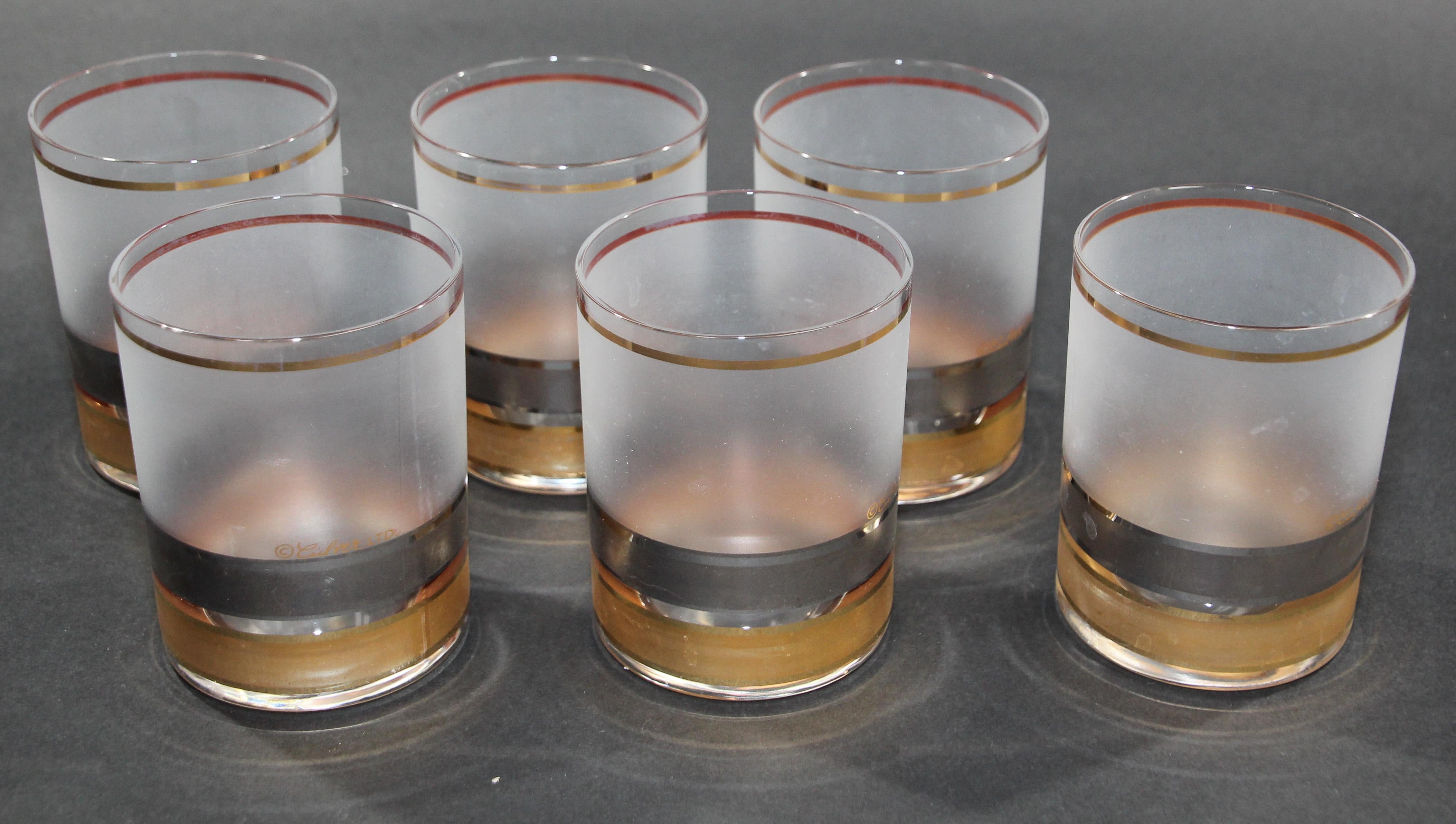 American Vintage Culver Set of Six Rock Glasses Frosted Gold and Black Regency Pattern For Sale