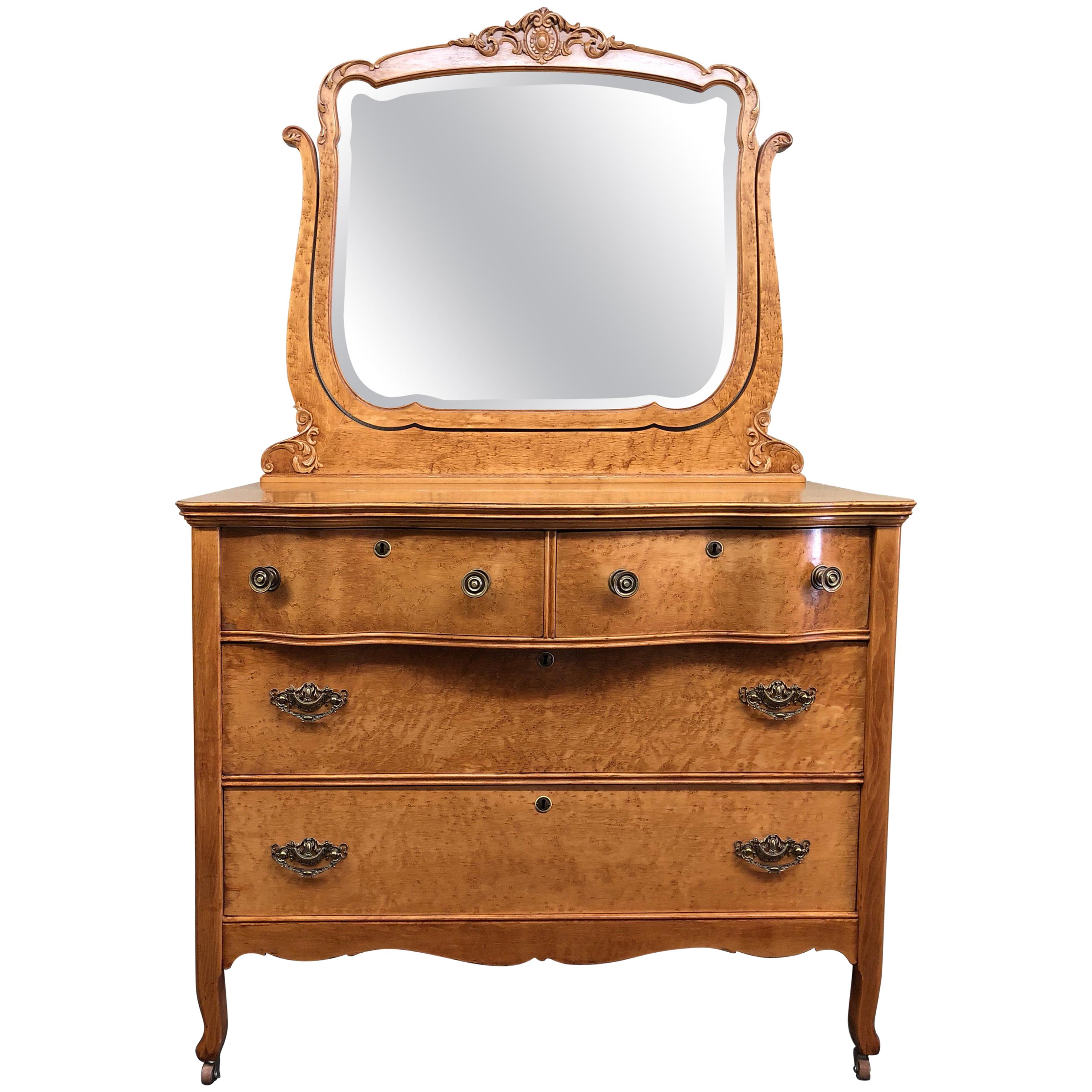 Vintage Curly Maple Dresser and Mirror For Sale