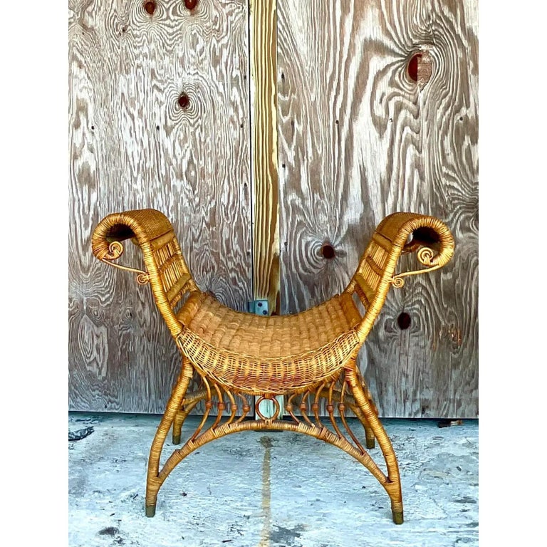 Vintage Curly Rattan High Side Bench at 1stDibs