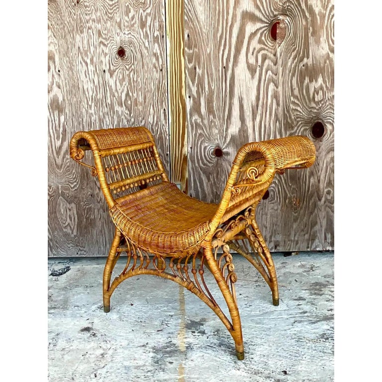 Vintage Curly Rattan High Side Bench at 1stDibs