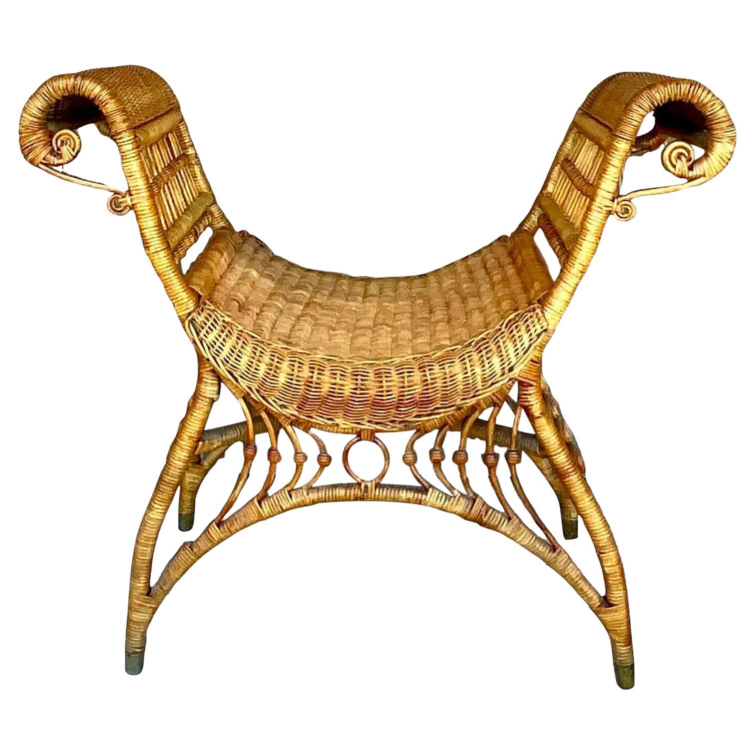 Vintage Curly Rattan High Side Bench at 1stDibs