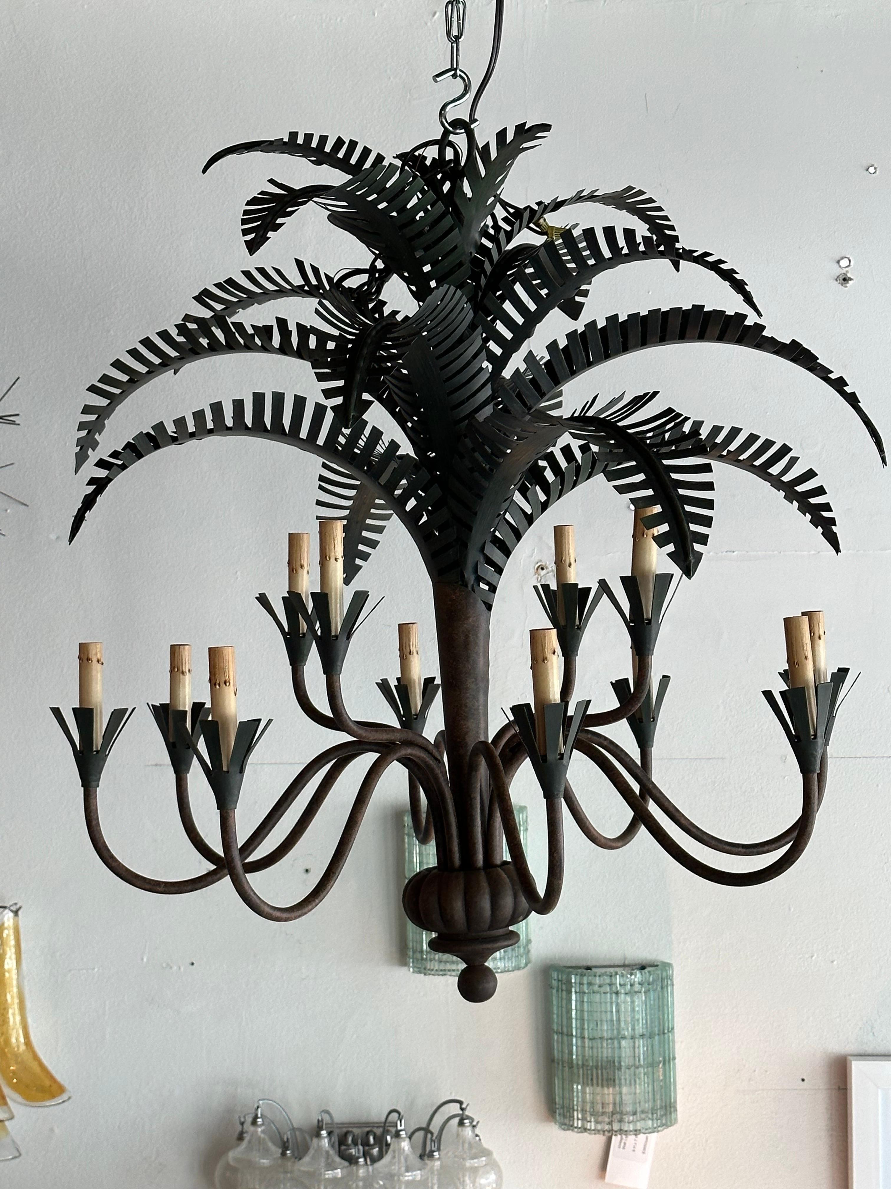 Vintage Currey & Co. 12 Light Chandelier Palm Tree Frond Leaf Metal Tole 3