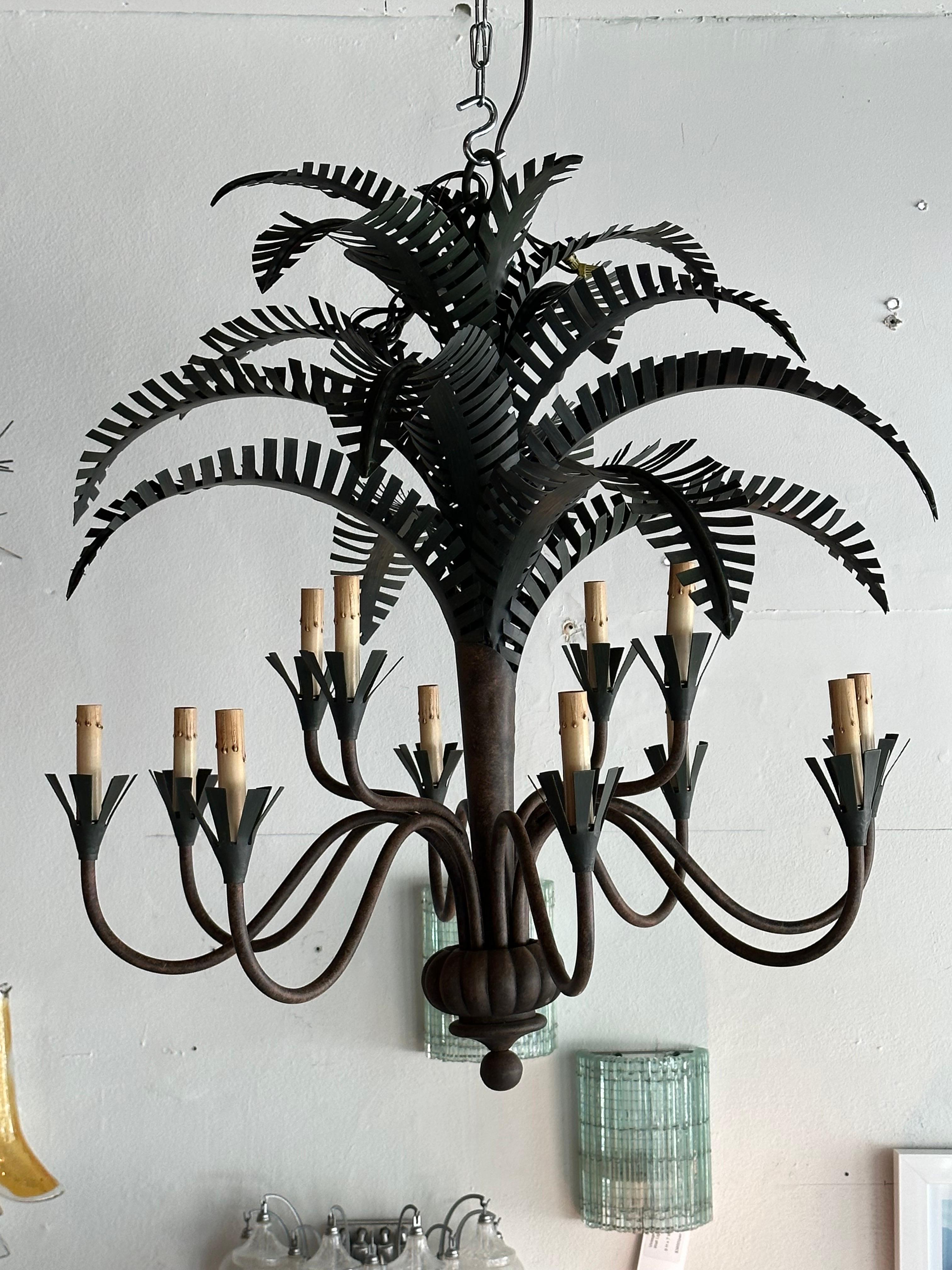 Vintage Currey & Co. 12 Light Chandelier Palm Tree Frond Leaf Metal Tole 4