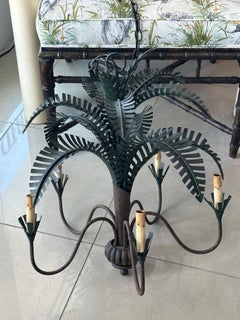 Vintage Currey & Co Metal Tole Palm Tree Leaf Leaves 5 Light Chandelier