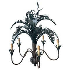 Vintage Currey & Co Metal Tole Palm Tree Leaf Leaves 5 Light Chandelier