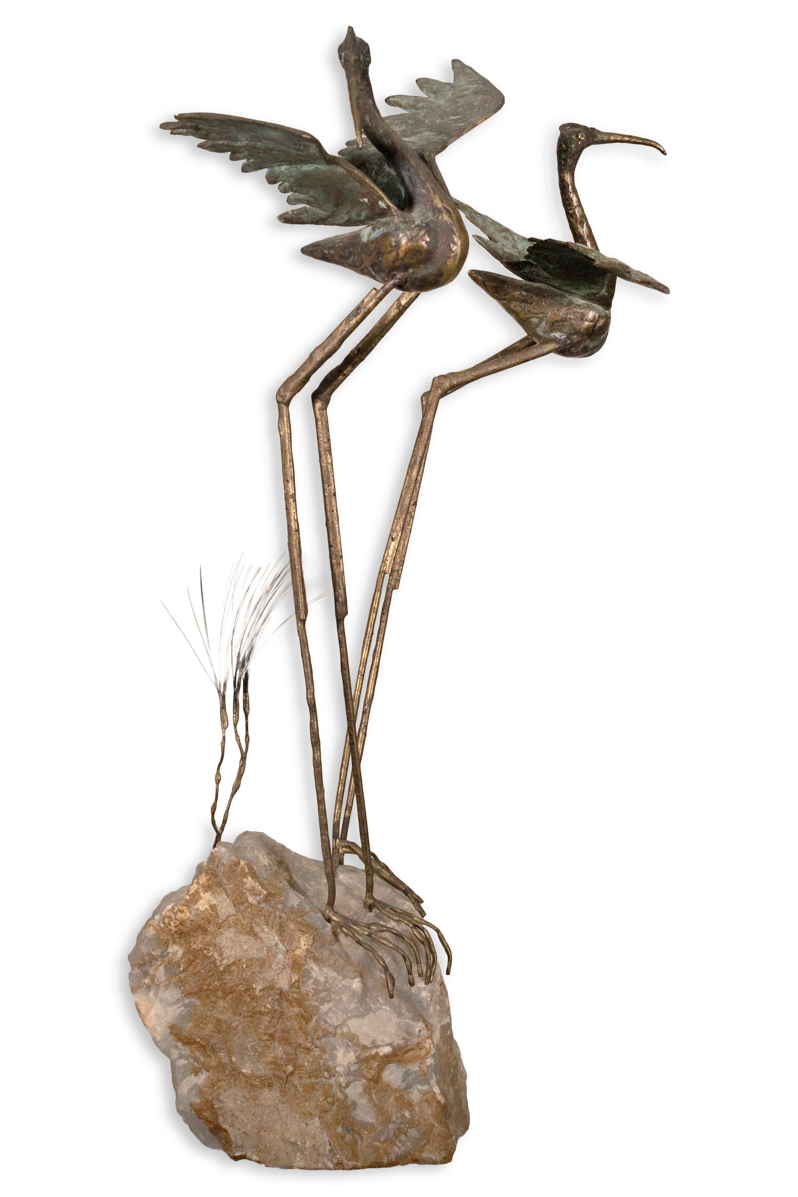 French Vintage Curtis Jere Pair of Bronze Cranes on Stone Signed 1969 Table Sculpture For Sale