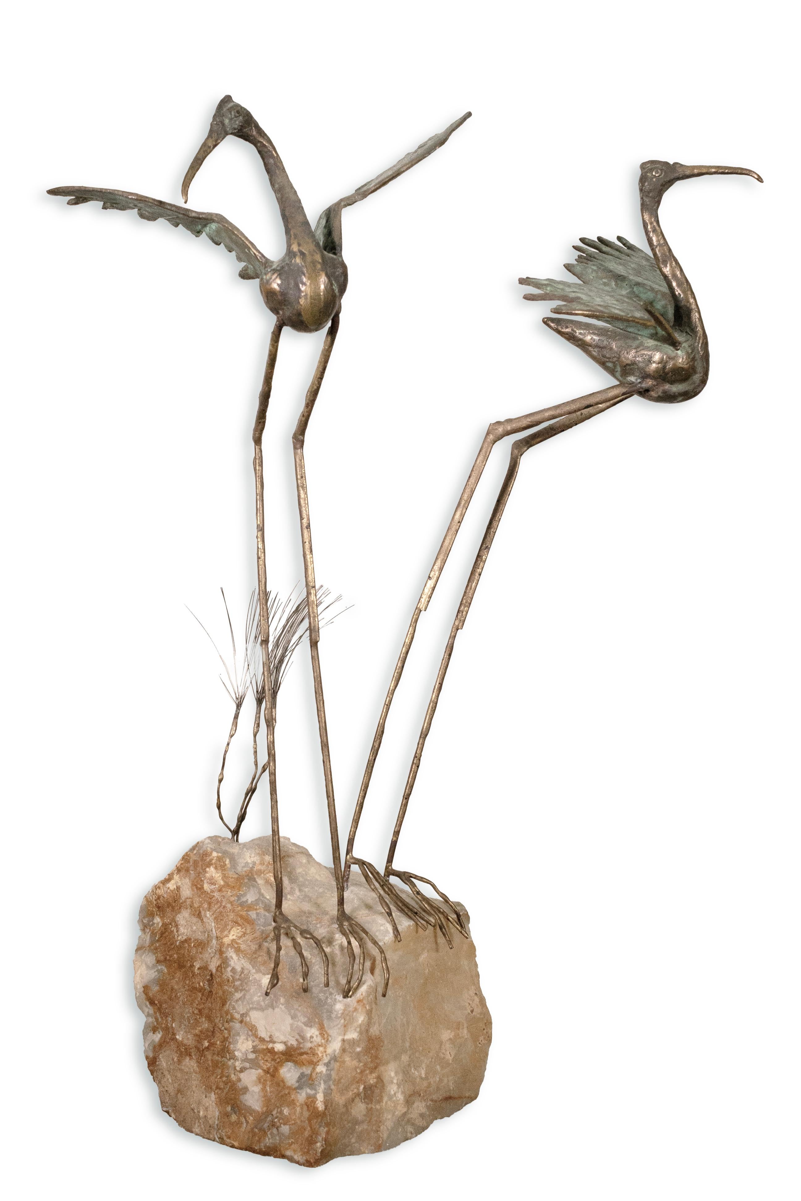 Vintage Curtis Jere Pair of Bronze Cranes on Stone Signed 1969 Table Sculpture For Sale 3