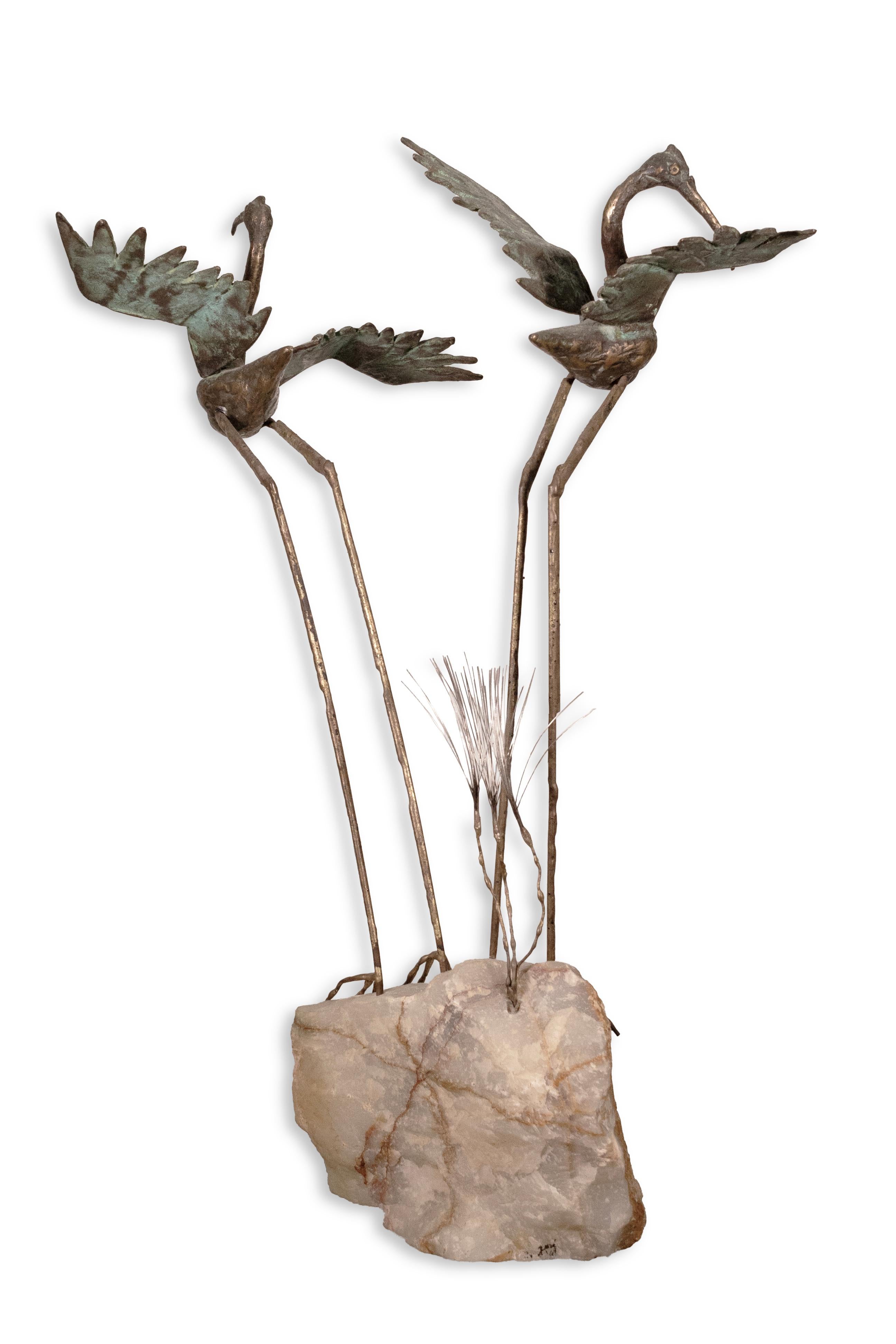Vintage Curtis Jere Pair of Bronze Cranes on Stone Signed 1969 Table Sculpture For Sale 4