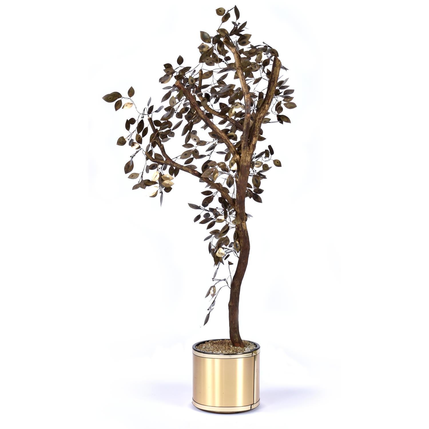 Mid-Century Modern Vintage Curtis Jere Style Patinated Brass Potted Tree Sculpture For Sale