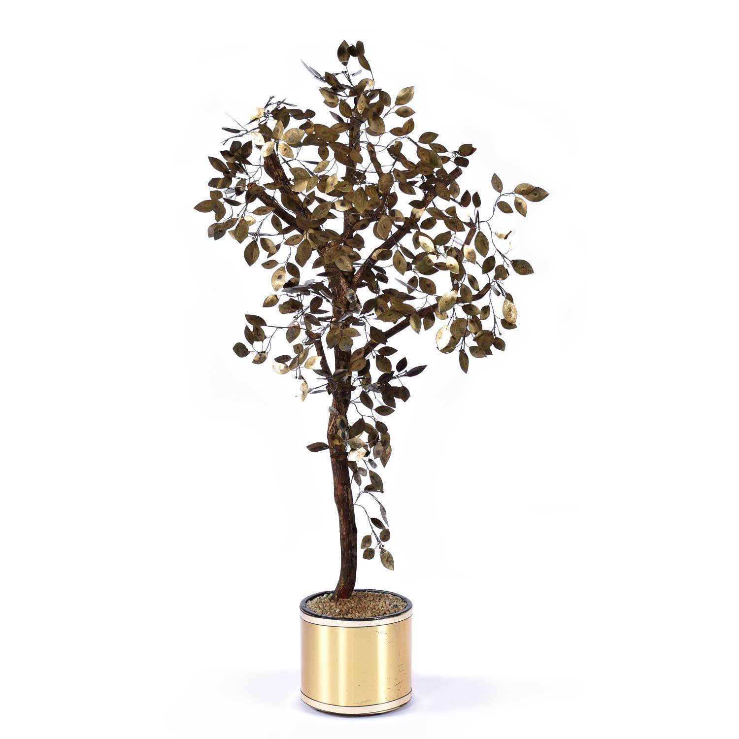 American Vintage Curtis Jere Style Patinated Brass Potted Tree Sculpture For Sale
