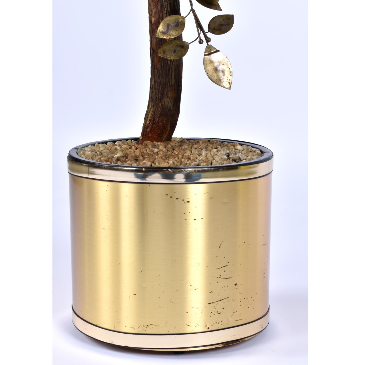 Hardwood Vintage Curtis Jere Style Patinated Brass Potted Tree Sculpture For Sale