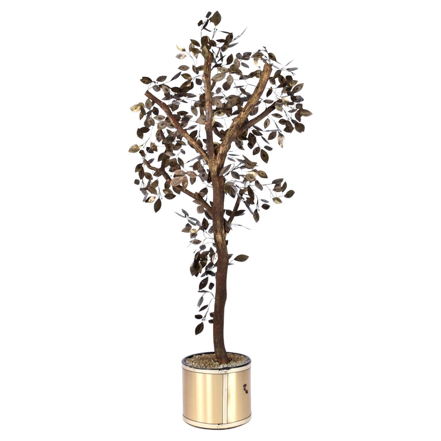 Vintage Curtis Jere Style Patinated Brass Potted Tree Sculpture