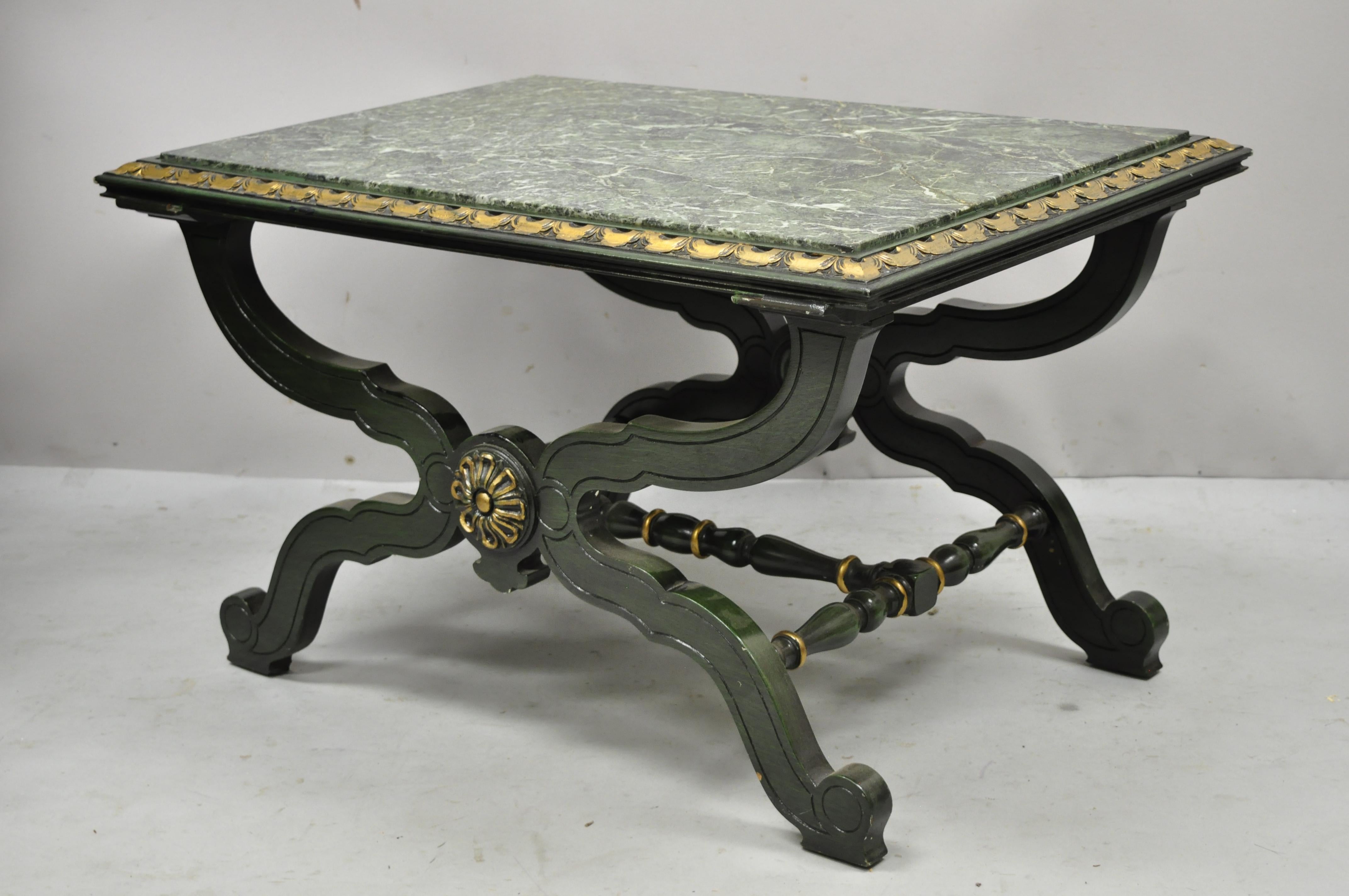 Vintage Curule X-Form Dorothy Draper Espana Style Green Marble Top Coffee Table For Sale 5