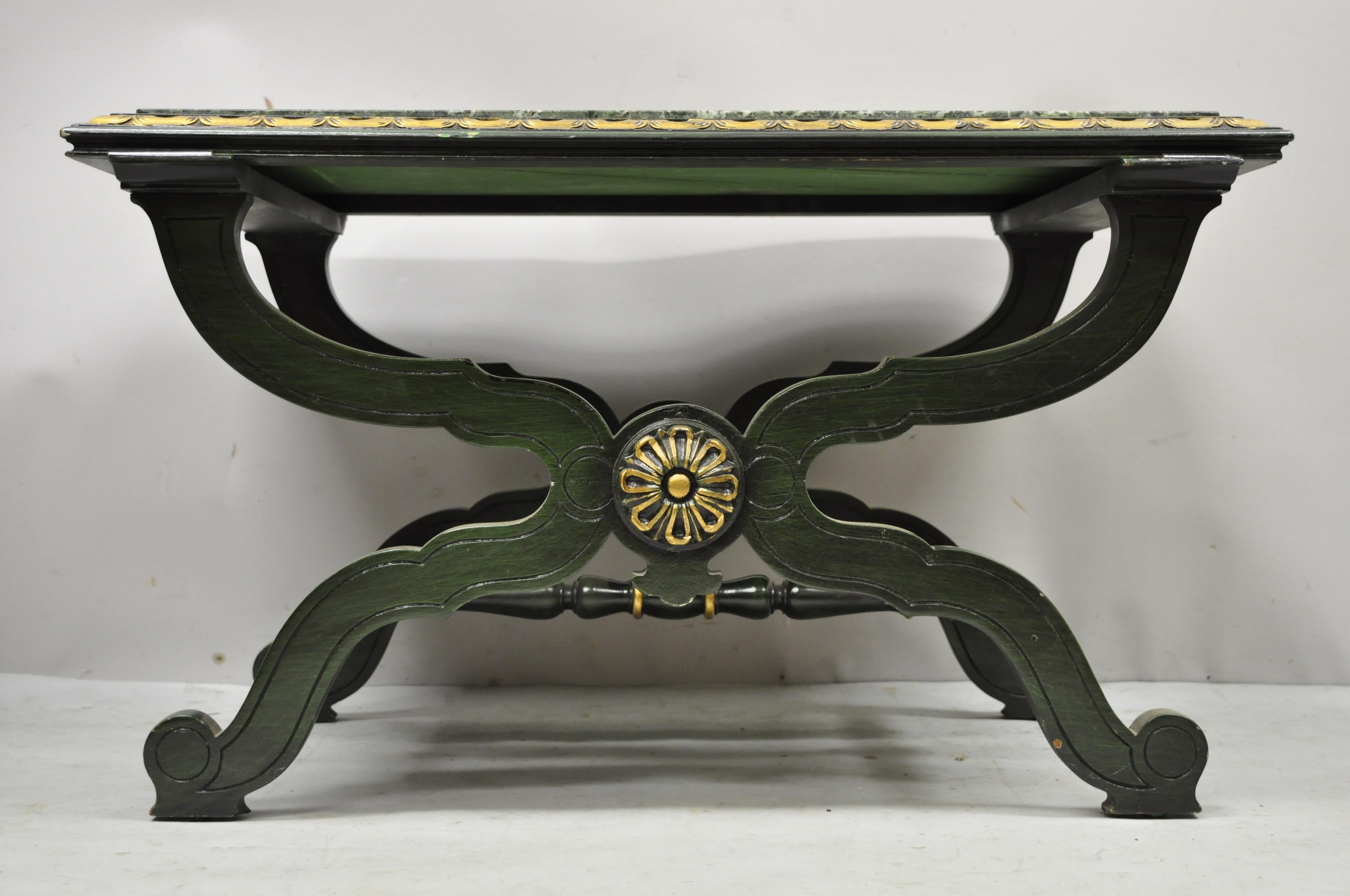 Vintage Curule X-form Dorothy Draper espana style green marble top Curule coffee side table. Item features green inset marble top, x-form Curule base, solid wood frame, great style and form. Circa mid 20th century. Measurements: 19