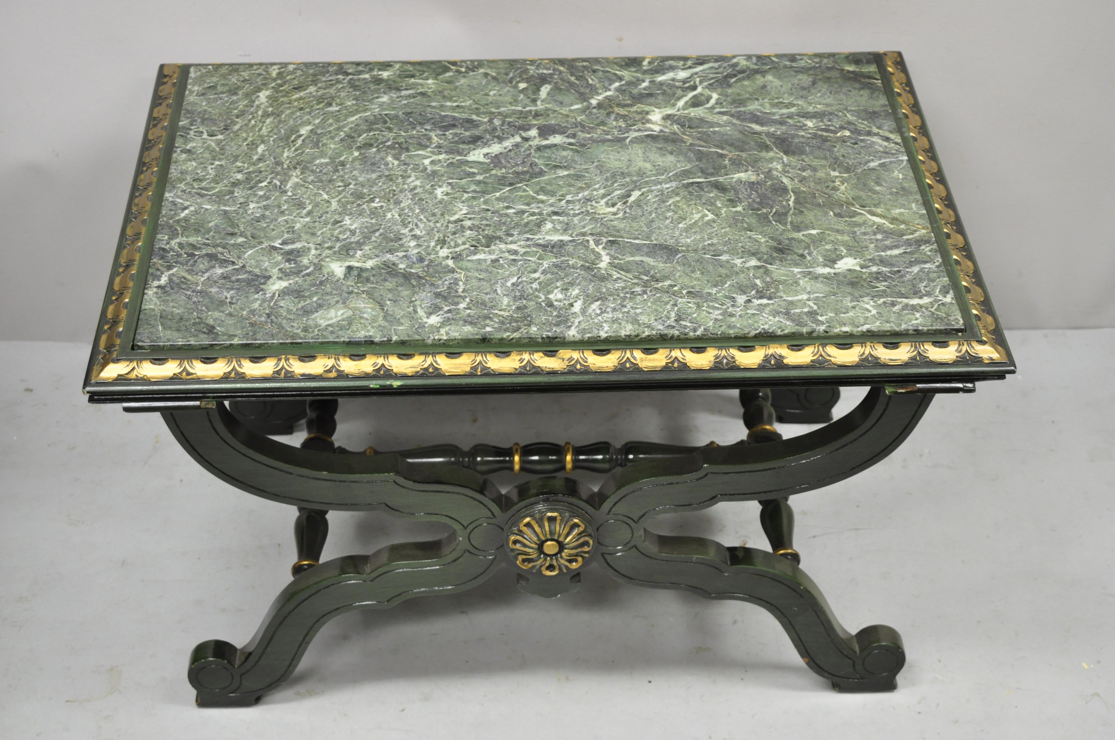 Regency Vintage Curule X-Form Dorothy Draper Espana Style Green Marble Top Coffee Table For Sale