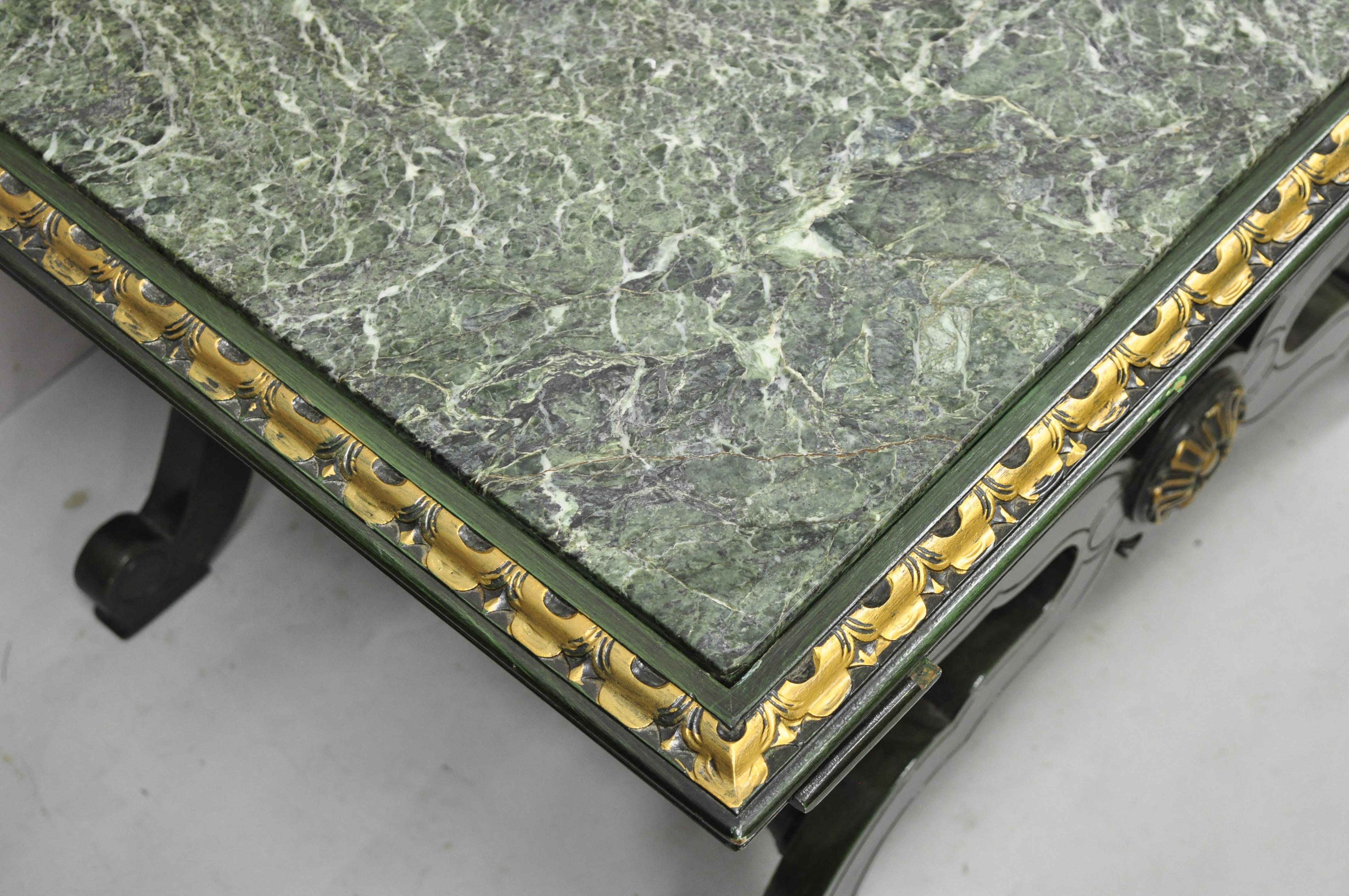 Vintage Curule X-Form Dorothy Draper Espana Style Green Marble Top Coffee Table For Sale 1