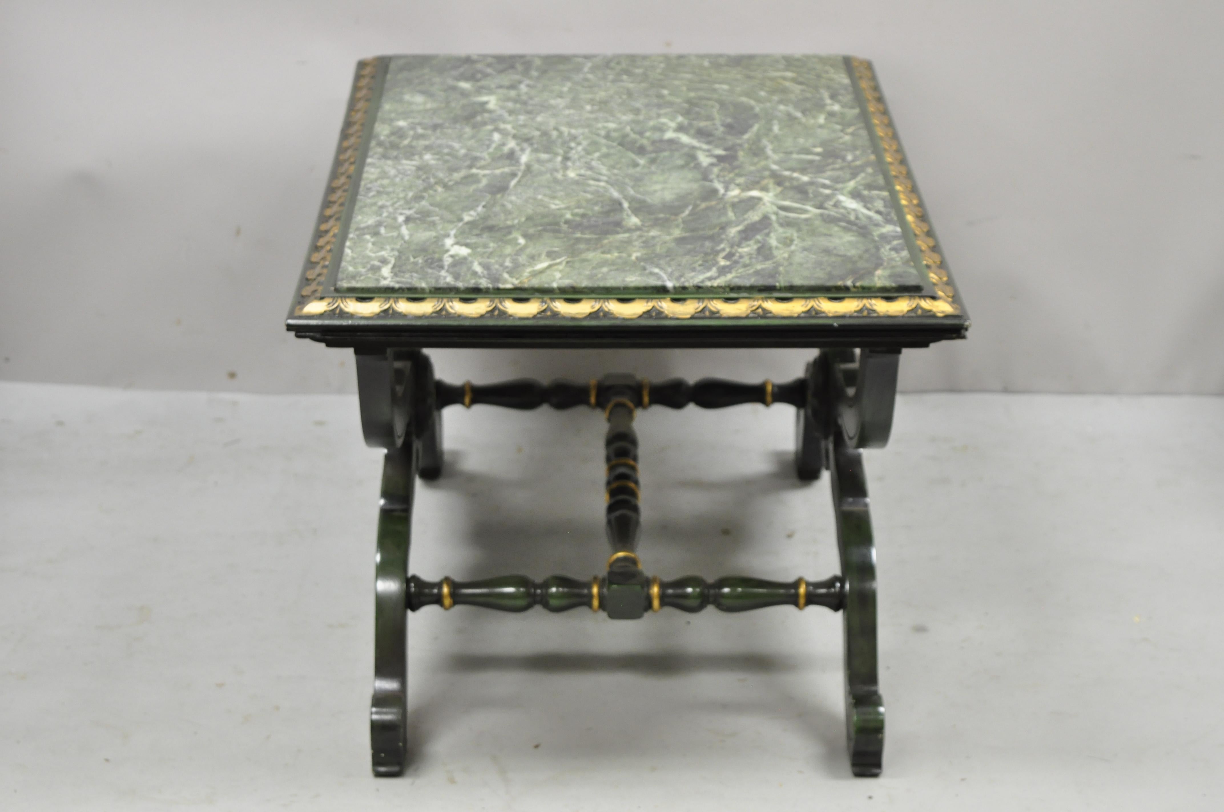 Vintage Curule X-Form Dorothy Draper Espana Style Green Marble Top Coffee Table For Sale 3