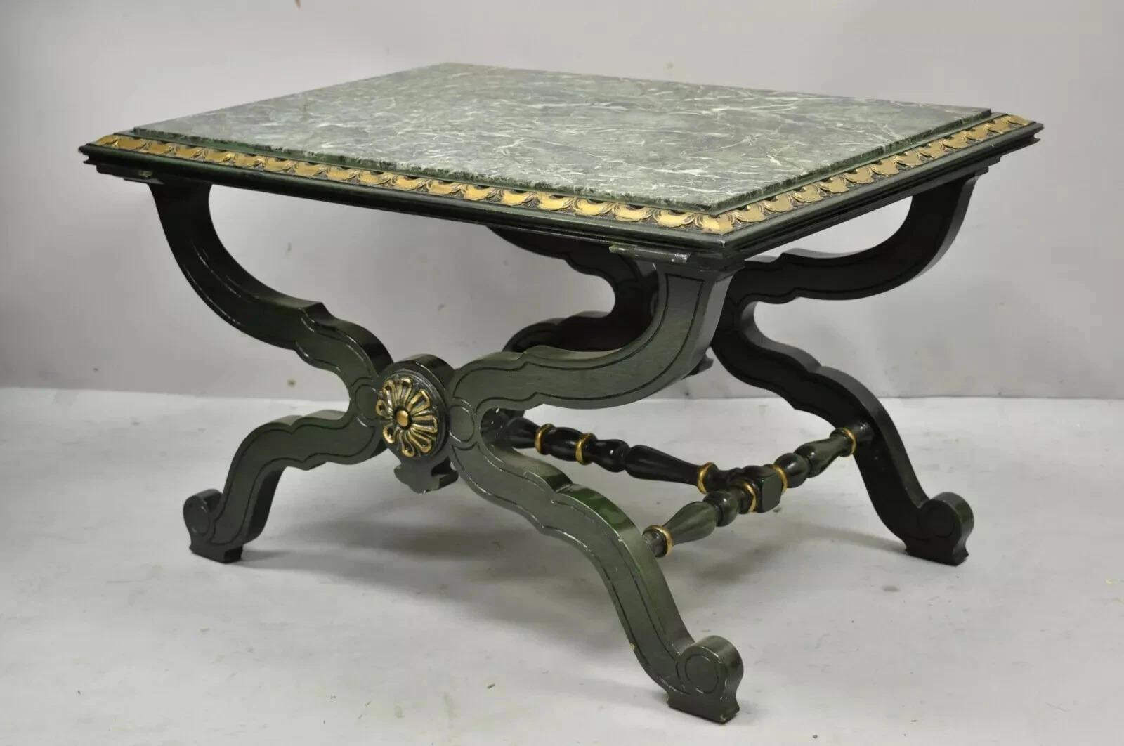 Vintage Curule X-Form Dorothy Draper Espana Style Green Marble Top Side Table For Sale 5