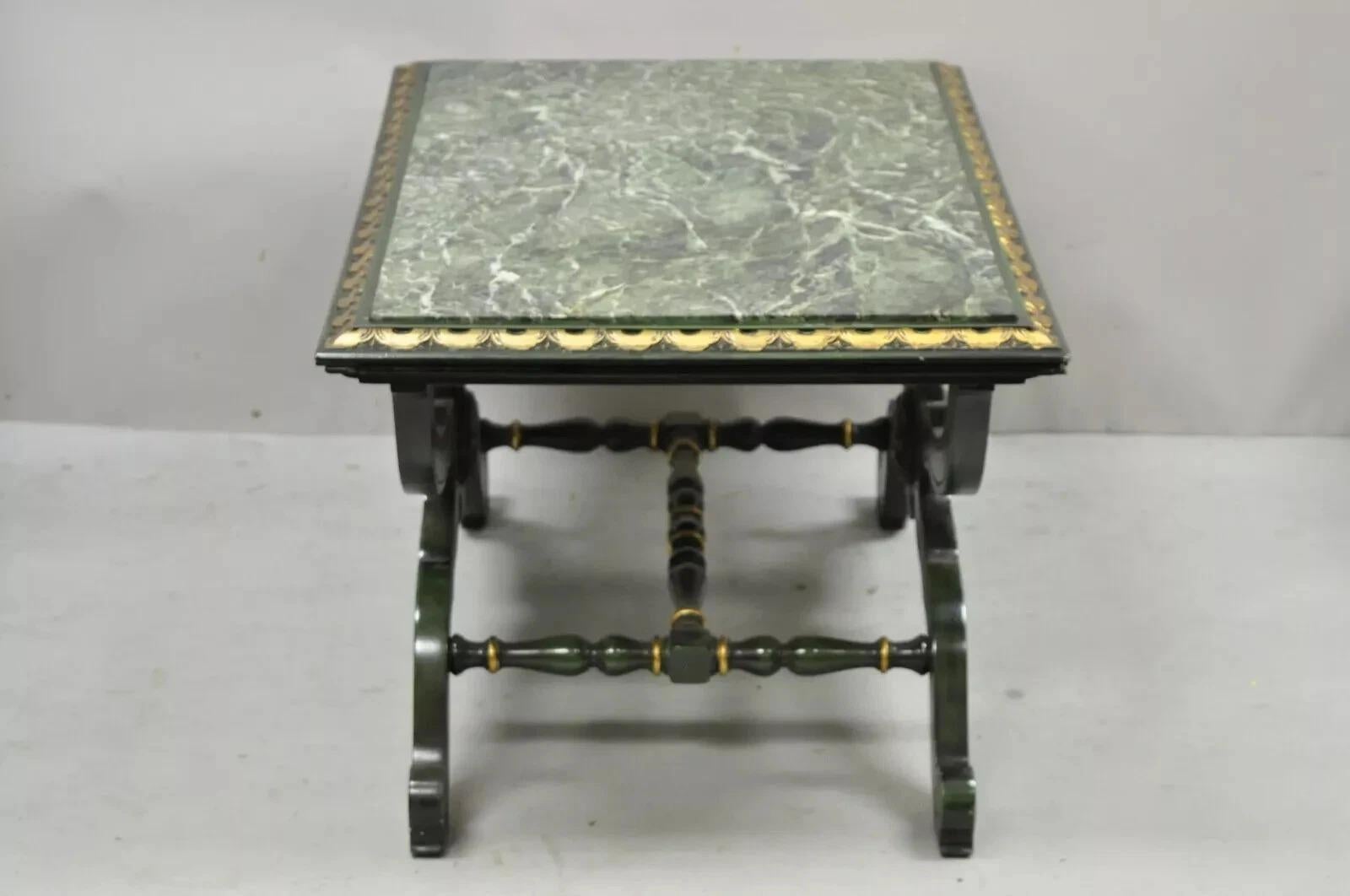 Vintage Curule X-Form Dorothy Draper Espana Style Green Marble Top Side Table For Sale 6