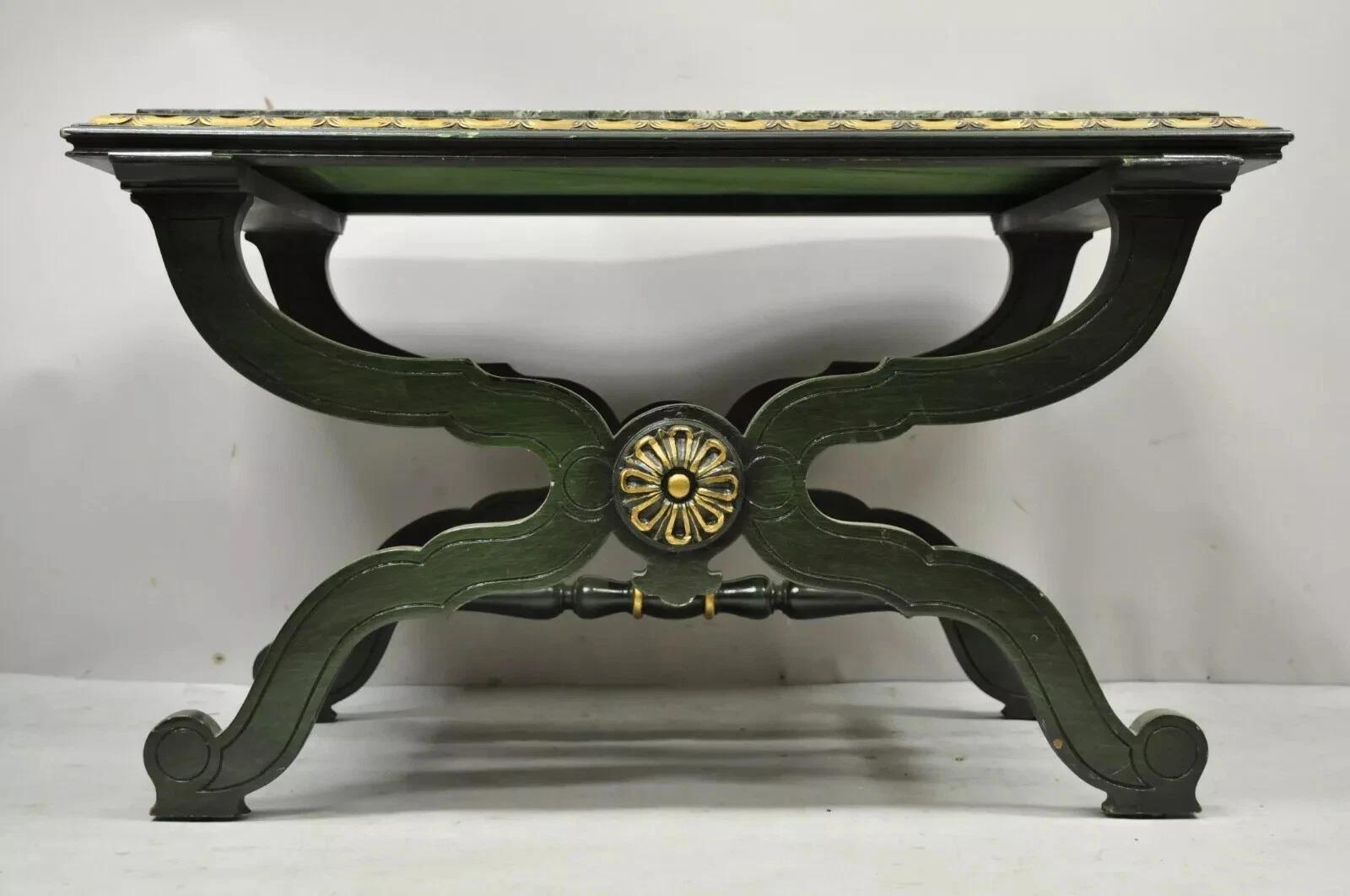 Vintage Hollywood Regency Curule X-Form Dorothy Draper Espana Style Green Marble Top Coffee Table. Circa Mid 20th Century. Measurements: 19