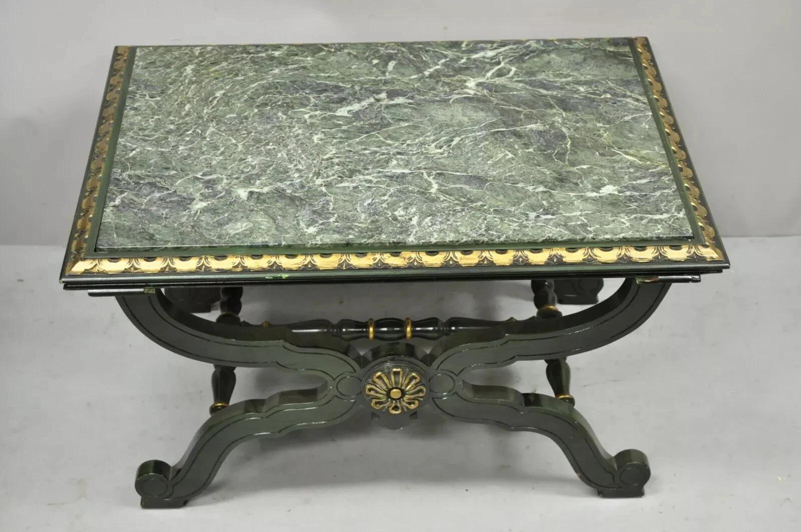 Hollywood Regency Vintage Curule X-Form Dorothy Draper Espana Style Green Marble Top Side Table For Sale